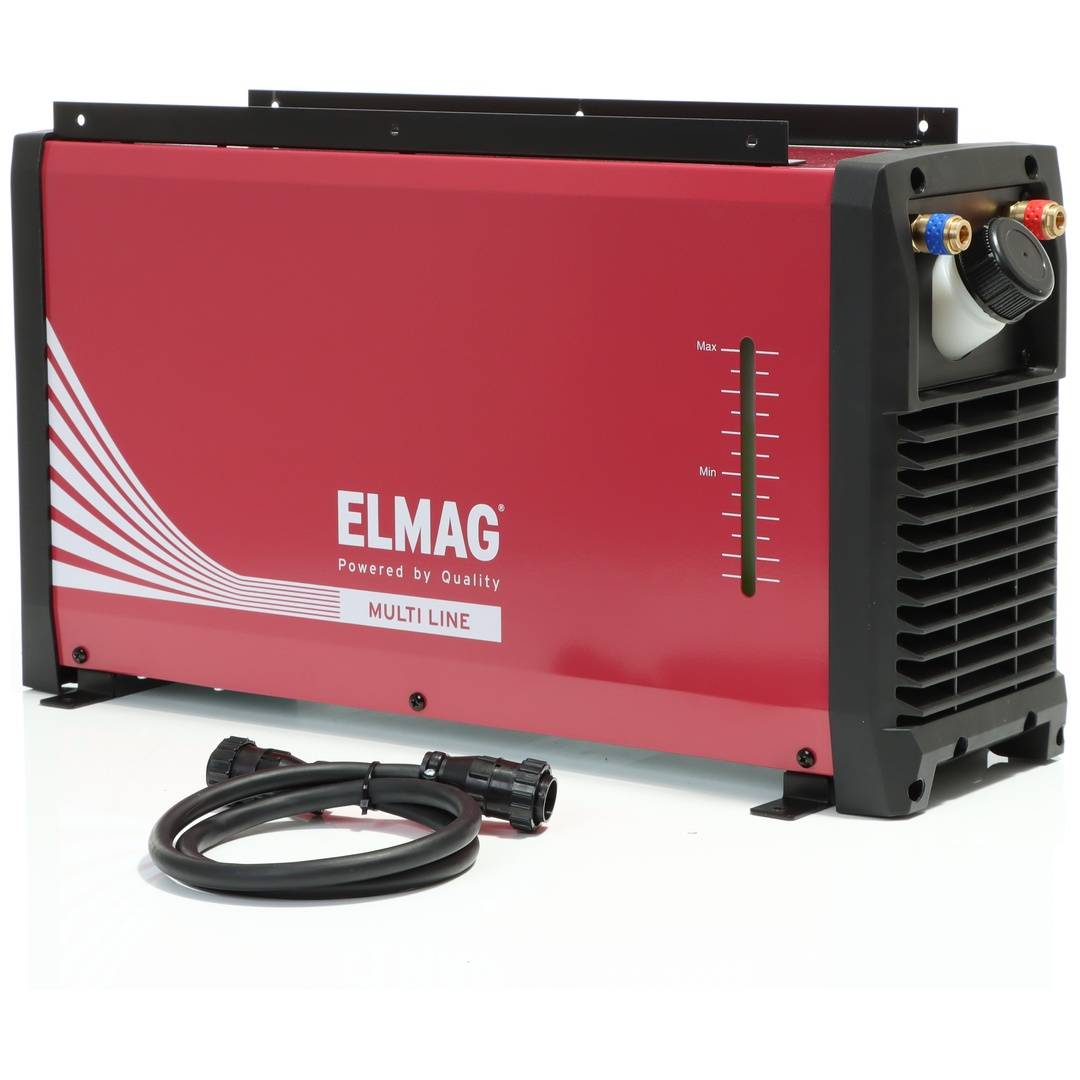 Rote ELMAG Multi Line Maschine mit schwarzen Seitenlüftungen und Bedienfeld, gezeigt mit einem aufgewickelten Kabel auf weißem Hintergrund.
