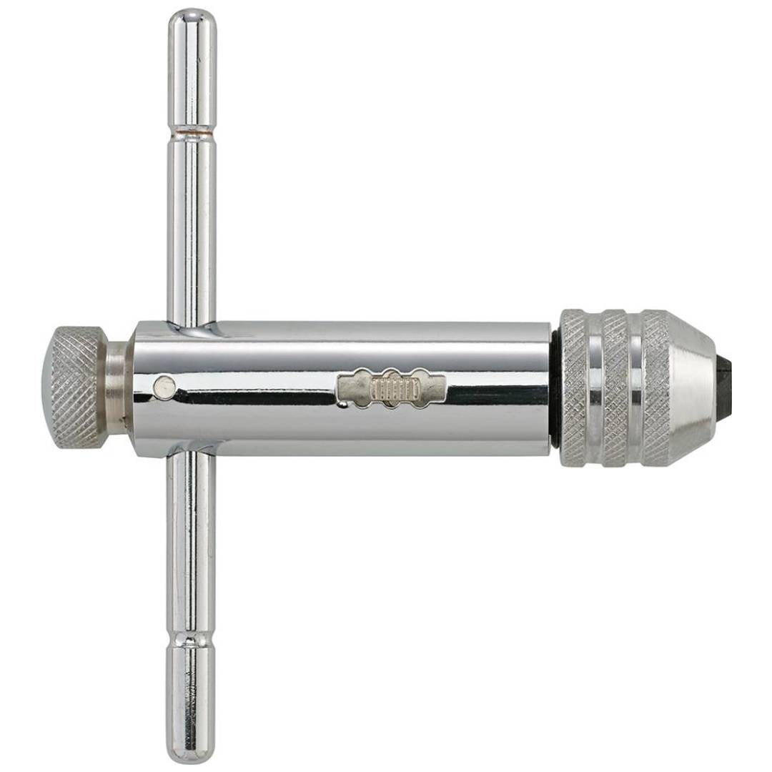 Chrome T-Griff-Gewindebohrer mit verstellbarem Bohrfutter, dargestellt auf weißem Hintergrund.