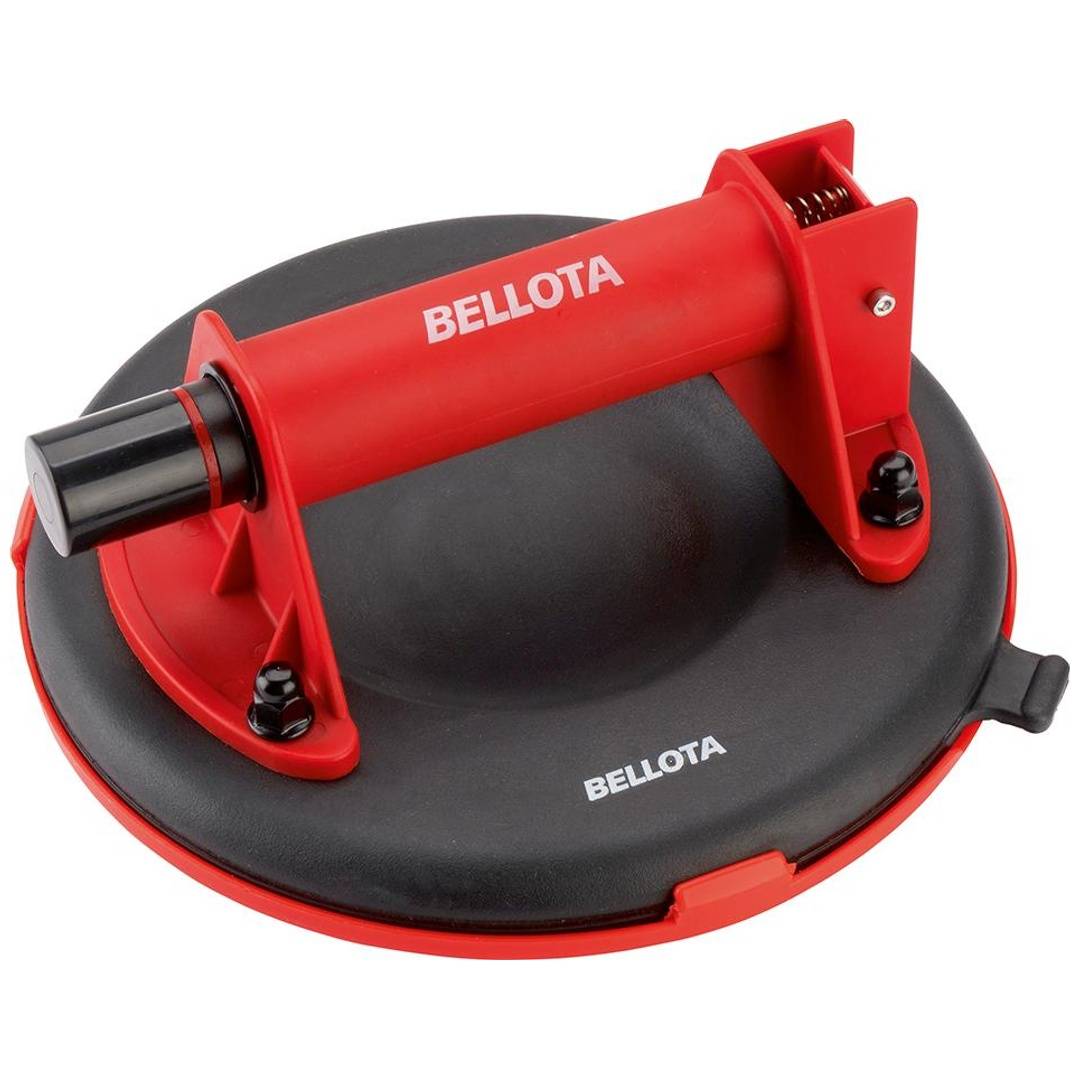 Roter Saugheber mit schwarzer Basis und Griff, Marke 'BELLOTA', verwendet zum Greifen und Heben glatter Oberflächen.