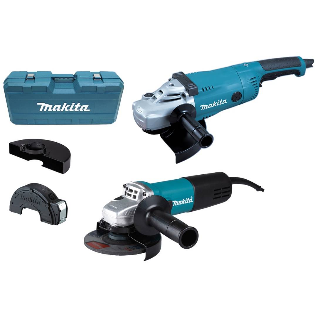 Makita-Winkelschleiffer-Set mit Tragetasche, Seitengriff, Schutzvorrichtung und zwei Schleifwerkzeugen auf weißem Hintergrund dargestellt.