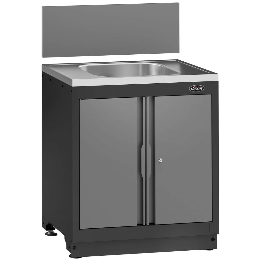 Kompakter schwarzer Edelstahlschrank mit einem einzelnen Spülbecken und rückwärtiger Spritzschutzwand