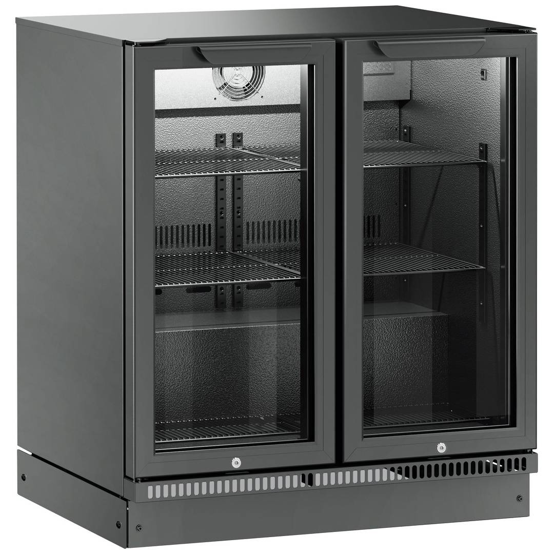 Schwarze Unterbau-Kühlvitrine oder Displayschrank mit zwei Glastüren und verstellbaren Regalen, geschlossen auf weißem Hintergrund dargestellt.