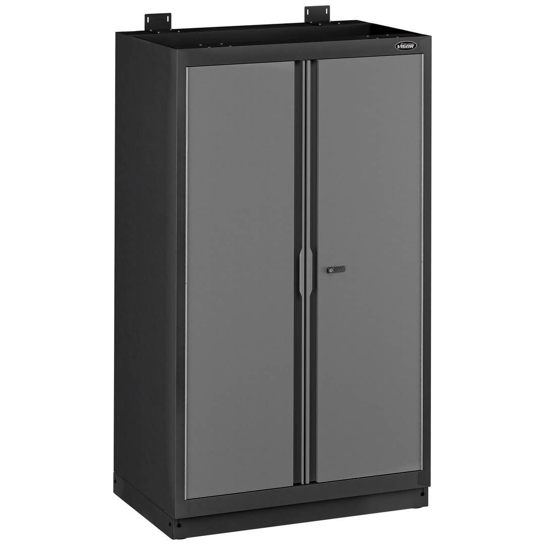 Schwarzer Stahllagerschrank mit zwei grauen Türen und oberen Befestigungswinkeln, gezeigt auf weißem Hintergrund.