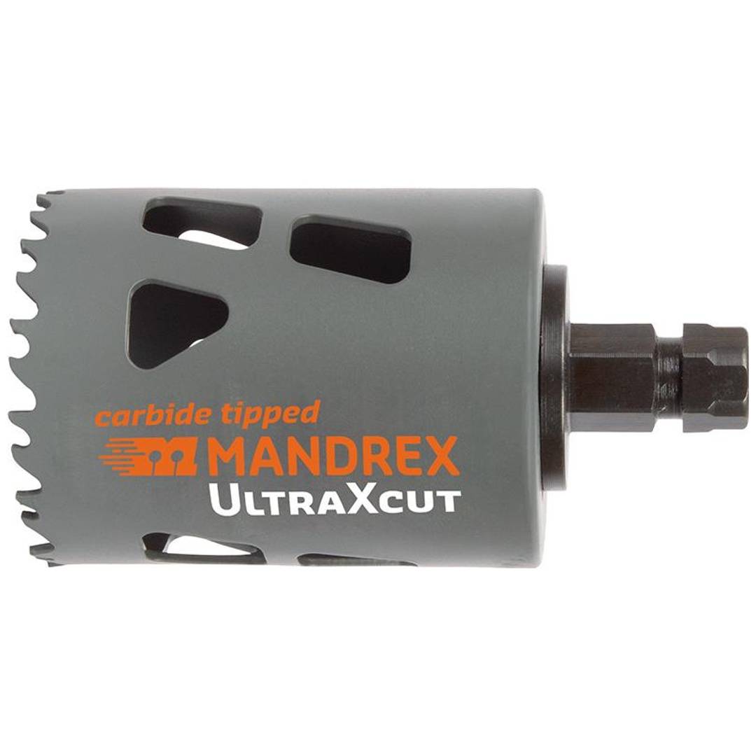 Hartmetall-bestückte MANDREX ULTRAXCUT Lochsäge mit Dornanbringung auf weißem Hintergrund.