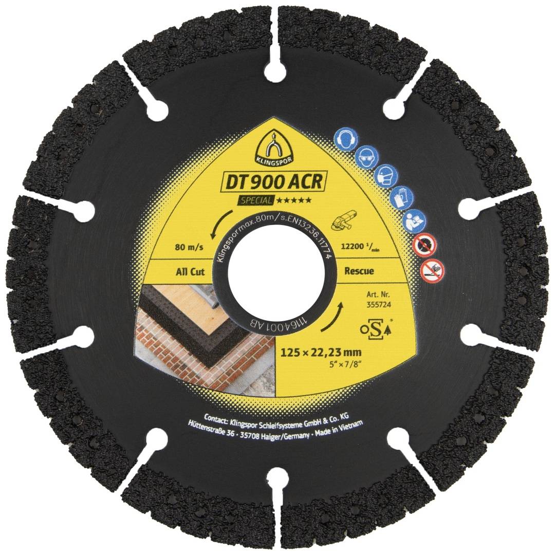 Kreisförmige Klingspor DT 900 ACR Diamanttrennscheibe mit der Aufschrift 'All Cut' und 'Rescue', dargestellt mit segmentiertem Schleifrand und zentralem Produktetikett.
