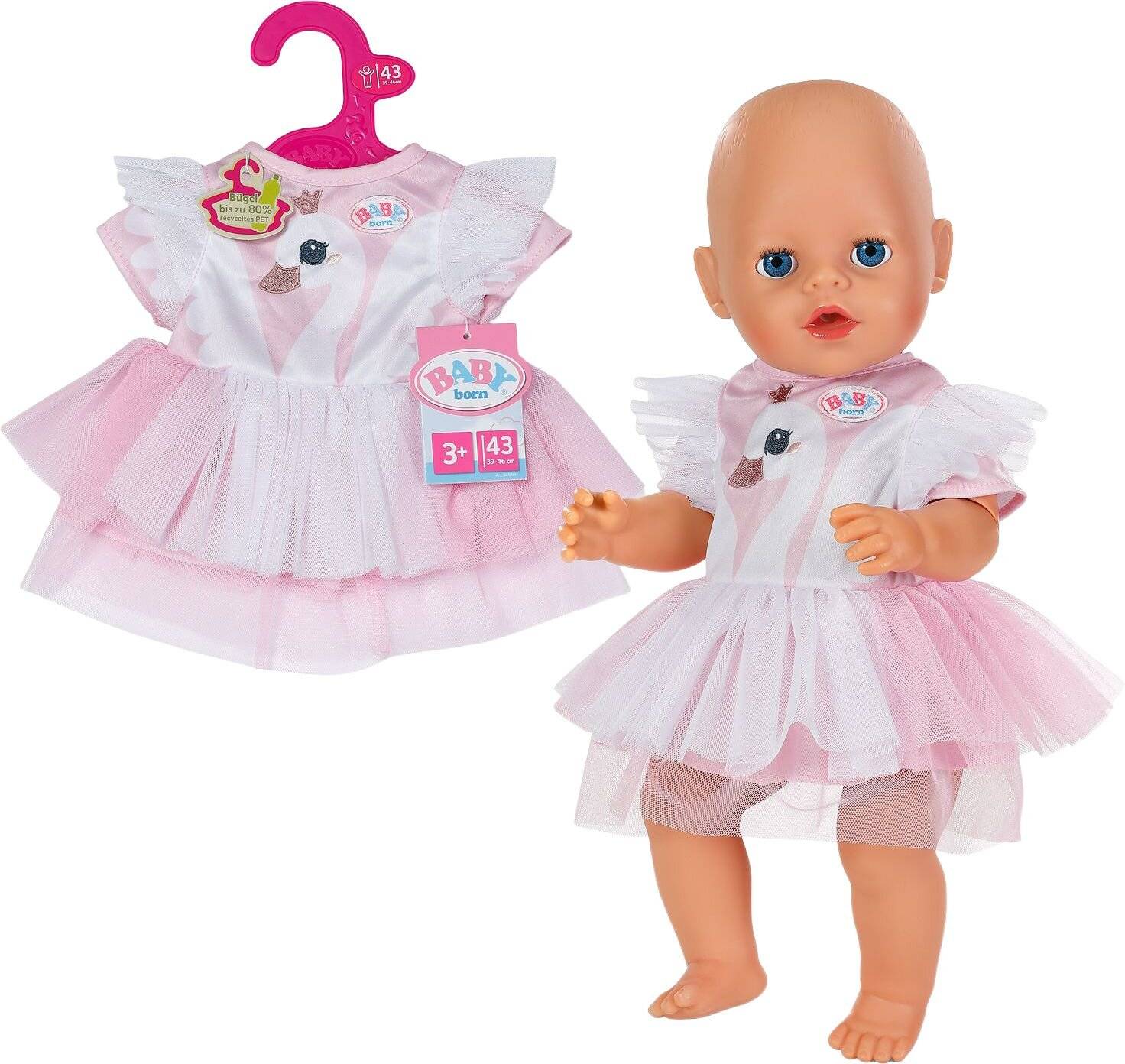 Babypuppe in einem rosa Tüllkleid, daneben das passende verpackte Kleid gezeigt, beschriftet mit „BABY born