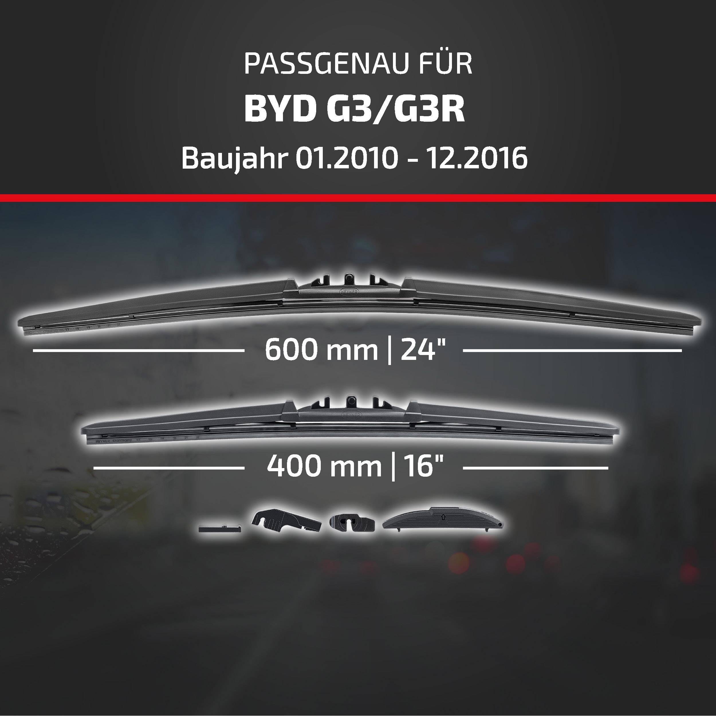 Produktgrafik mit Scheibenwischern, die mit BYD G3/G3R kompatibel sind, Modelljahre 01.2010-12.2016, in den Größen 600 mm (24