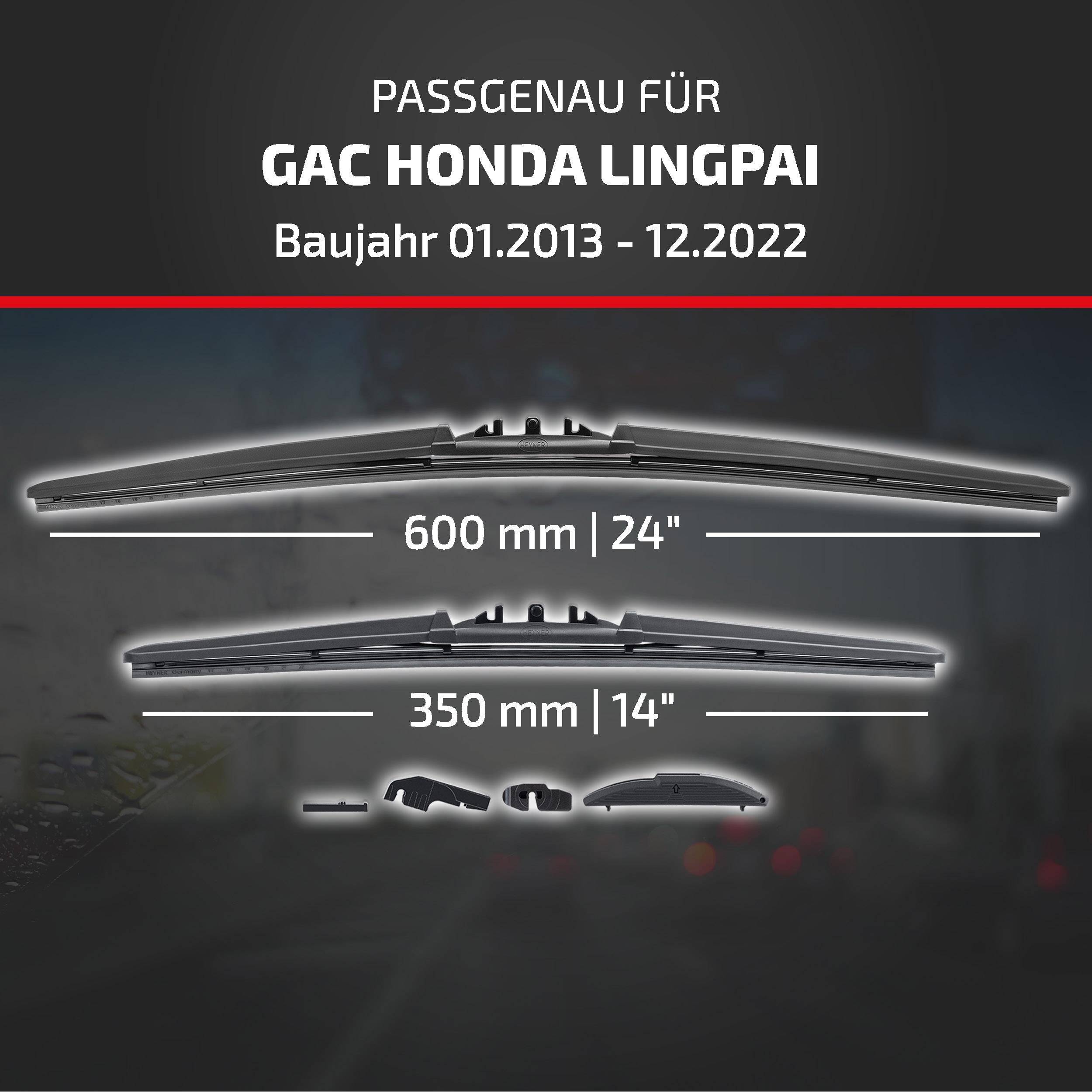Die Anzeige besagt, dass Wischerblätter für GAC Honda Lingpai, Modelljahre 01.2013–12.2022, mit den Größen 600 mm/24