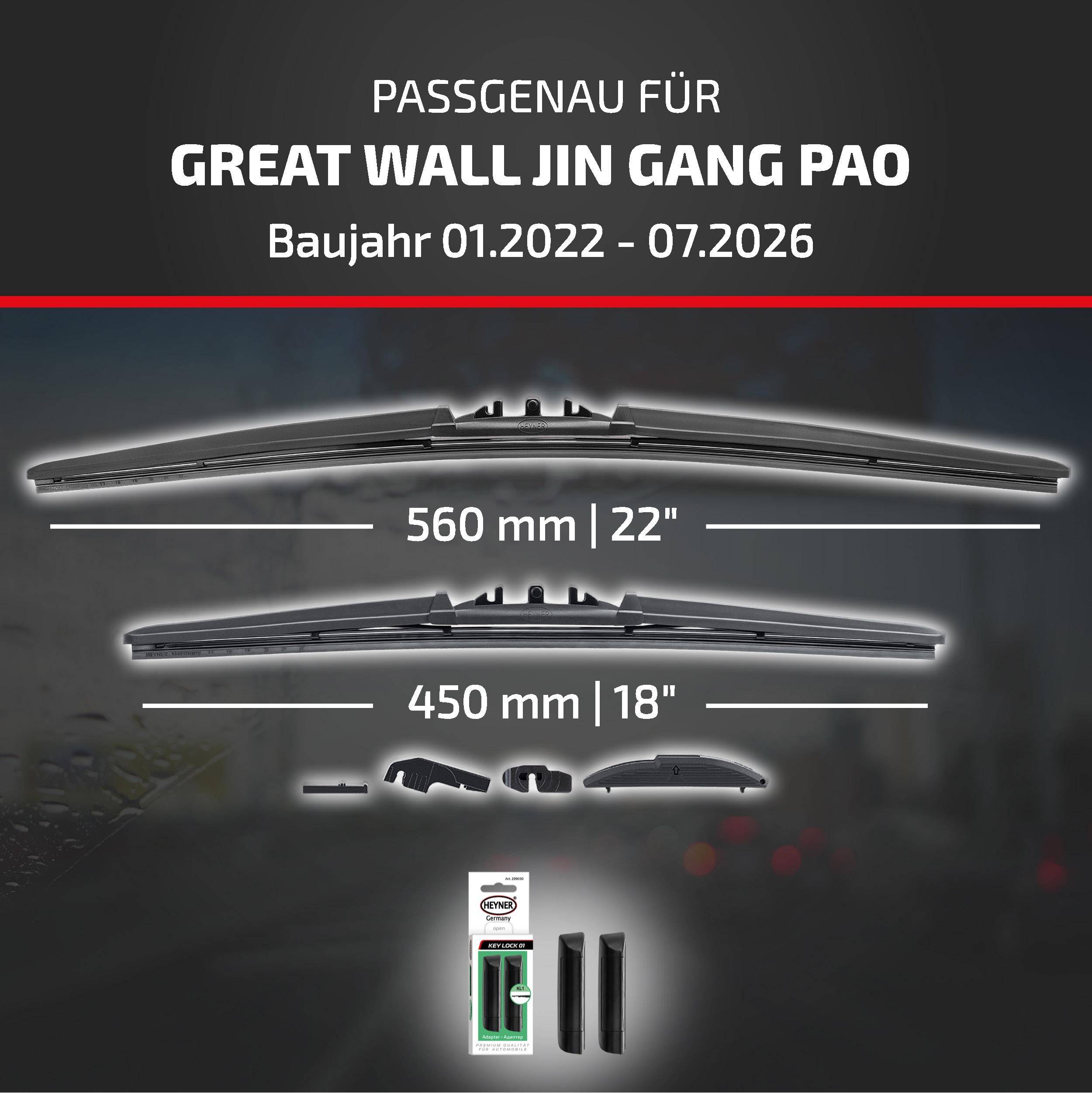 Anzeige für Scheibenwischer kompatibel mit Great Wall Jin Gang Pao, Modelljahre 01.2022-07.2026; gezeigte Größen: 560 mm (22