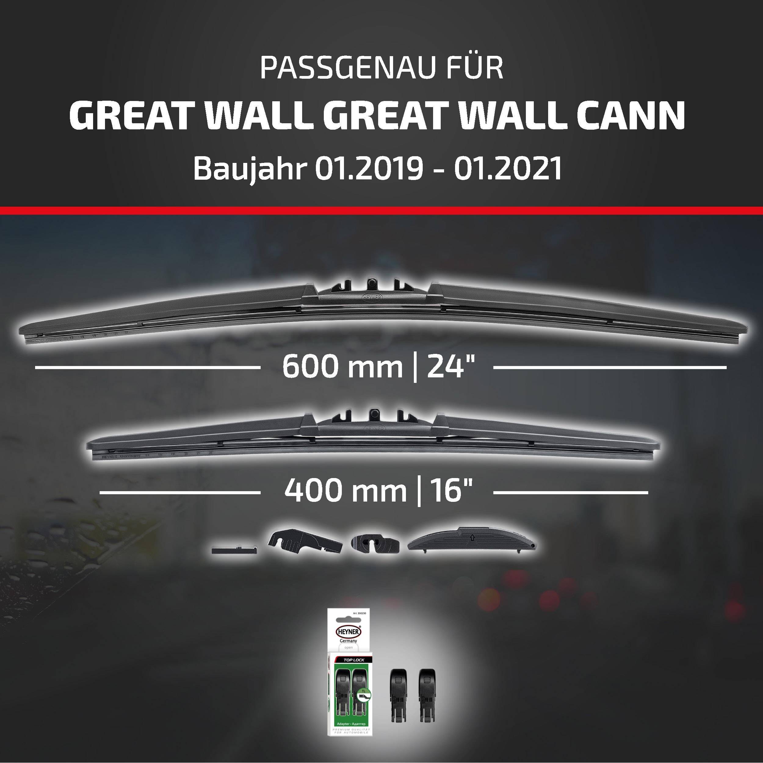 Scheibenwasch-Kompatibilitätstabelle für Great Wall Cann, Modelljahre 01.2019-01.2021, mit Wischergröße 600 mm/24 Zoll und 400 mm/16 Zoll sowie enthaltenem Adapterset.