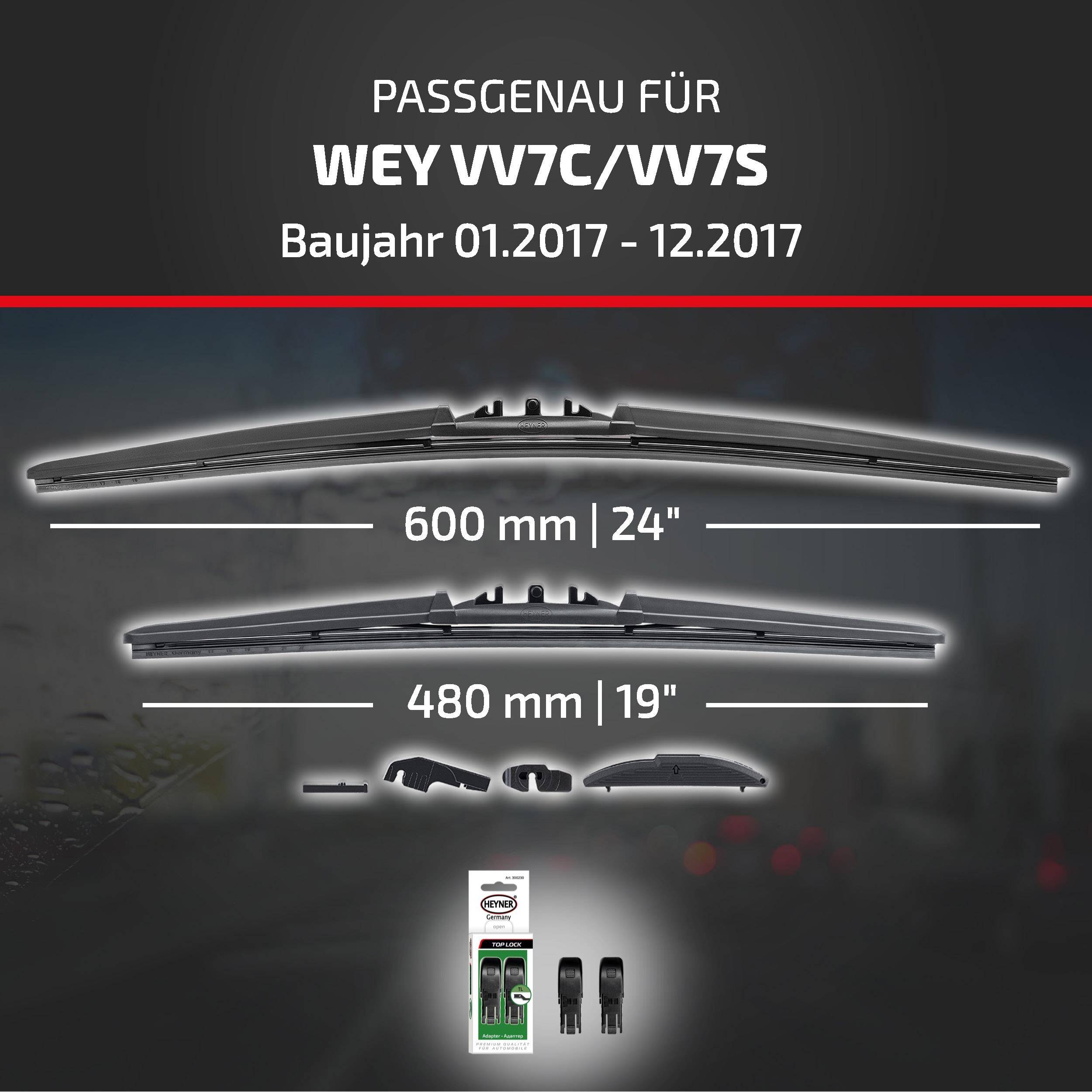 Produktgrafik, die kompatible Wischerblätter für VW W7C/VV7S Modelle, 01/2017-12/2017 zeigt, mit Größen 600 mm (24 Zoll) und 480 mm (19 Zoll) sowie mitgelieferten Adaptorteilen.