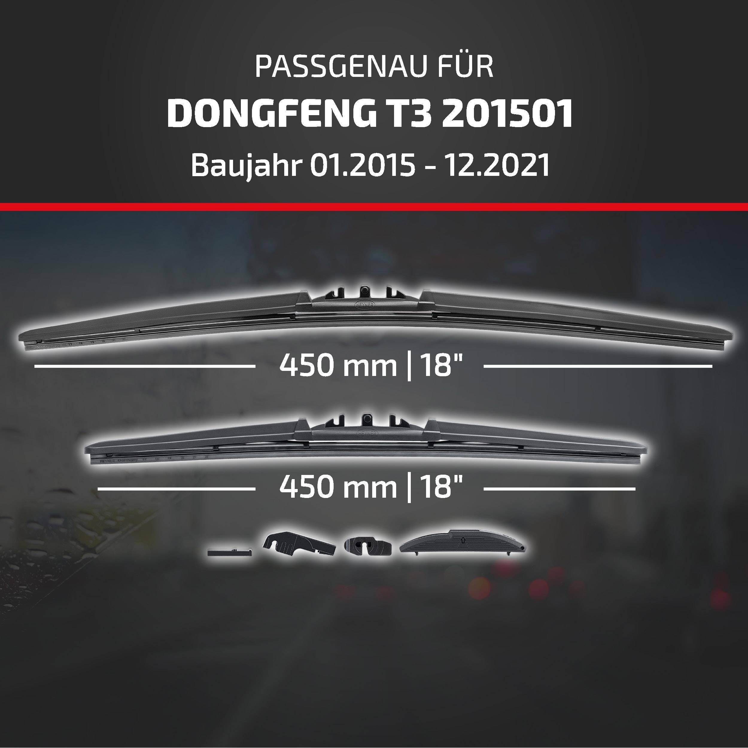Produktkompatibilitätsgrafik für Dongfeng T3 201501, Modelljahre 01/2015 bis 12/2021, zeigt zwei Scheibenwischblätter, beide 450 mm (18
