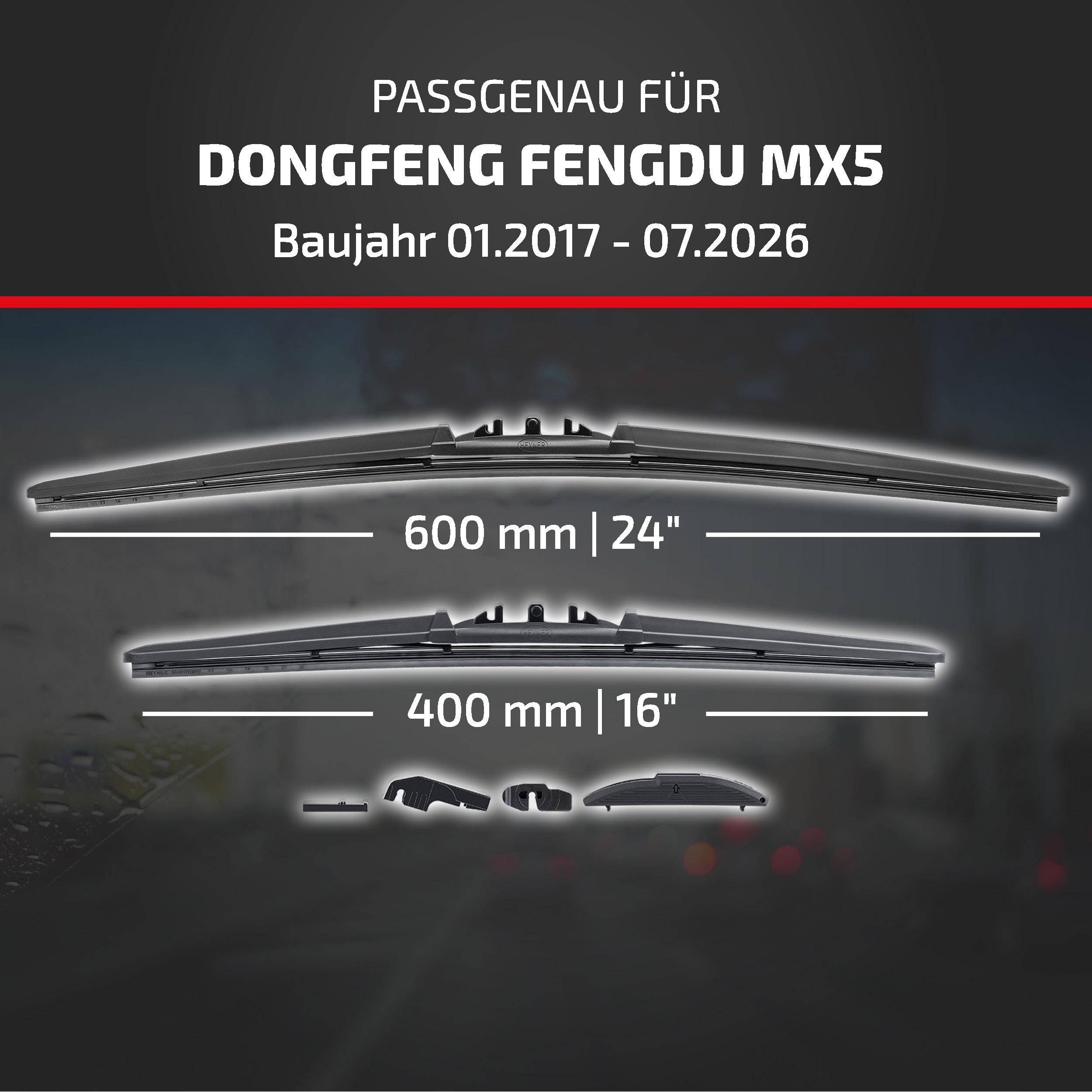 Wischblätter für Dongfeng Fengdu MX5: kompatibel mit Modelljahren 01.2017-07.2026, mit zwei Wischblatgrößen, 600 mm und 400 mm.