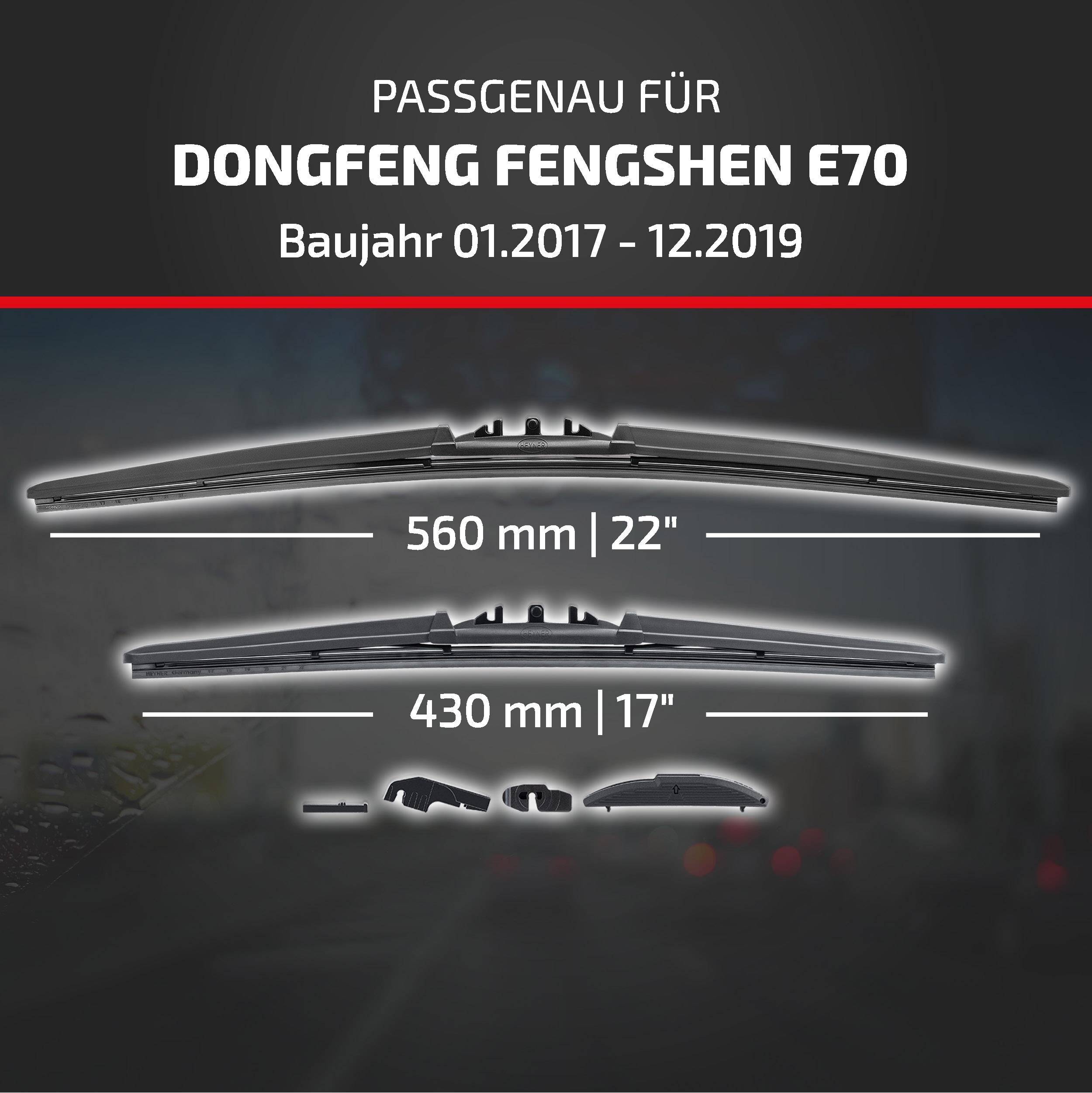 Kompatibilitätsgrafik für Dongfeng Fengshen E70 (Modelljahre 01/2017–12/2019) mit Wischblattsgrößen 560 mm (22
