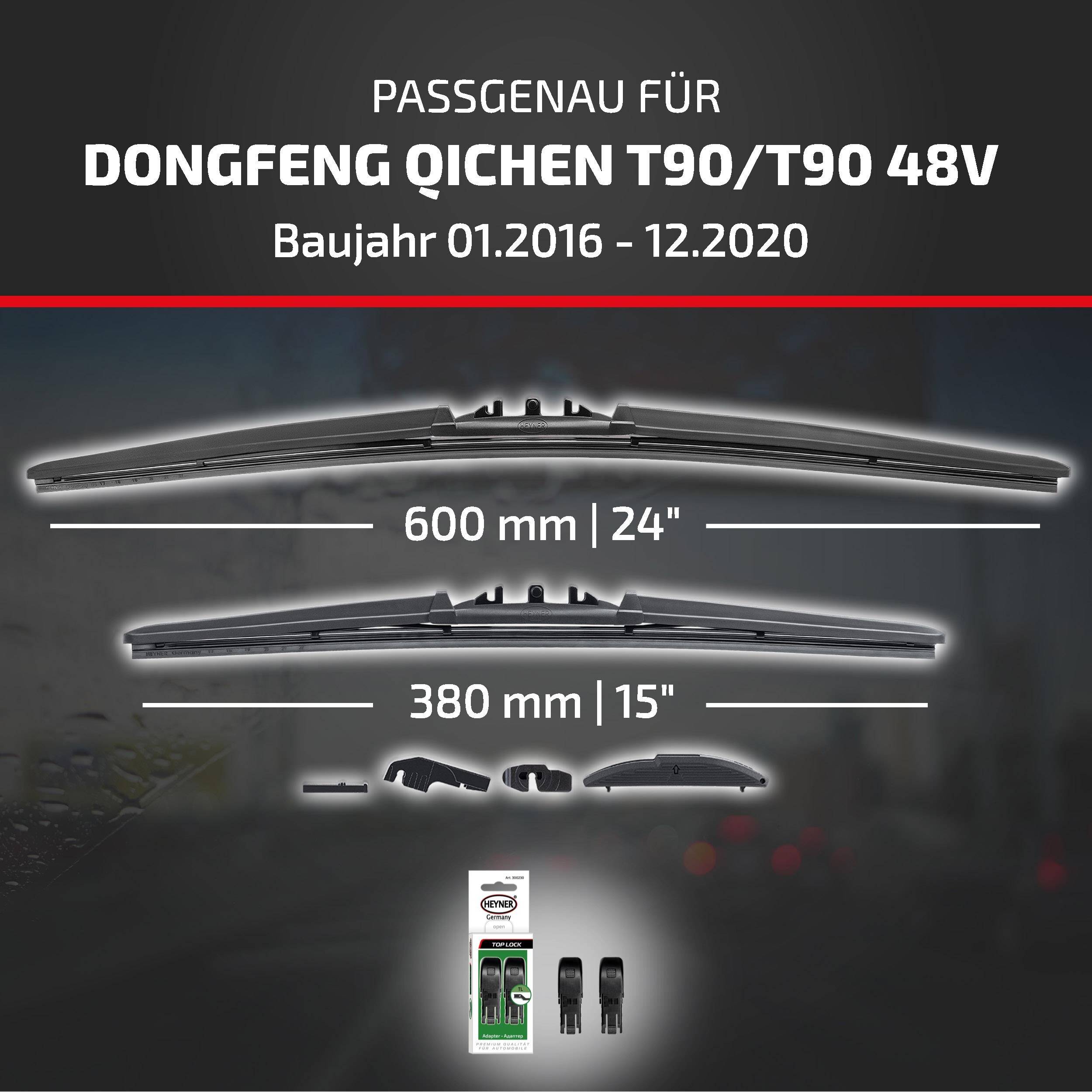 Kompatibilitätsgrafik für Dongfeng Qichen T90/T90 48V, Baujahre 01.2016-12.2020, zeigt Wischblattsgrößen von 600 mm und 380 mm mit im Lieferumfang enthaltenen Adaptern.