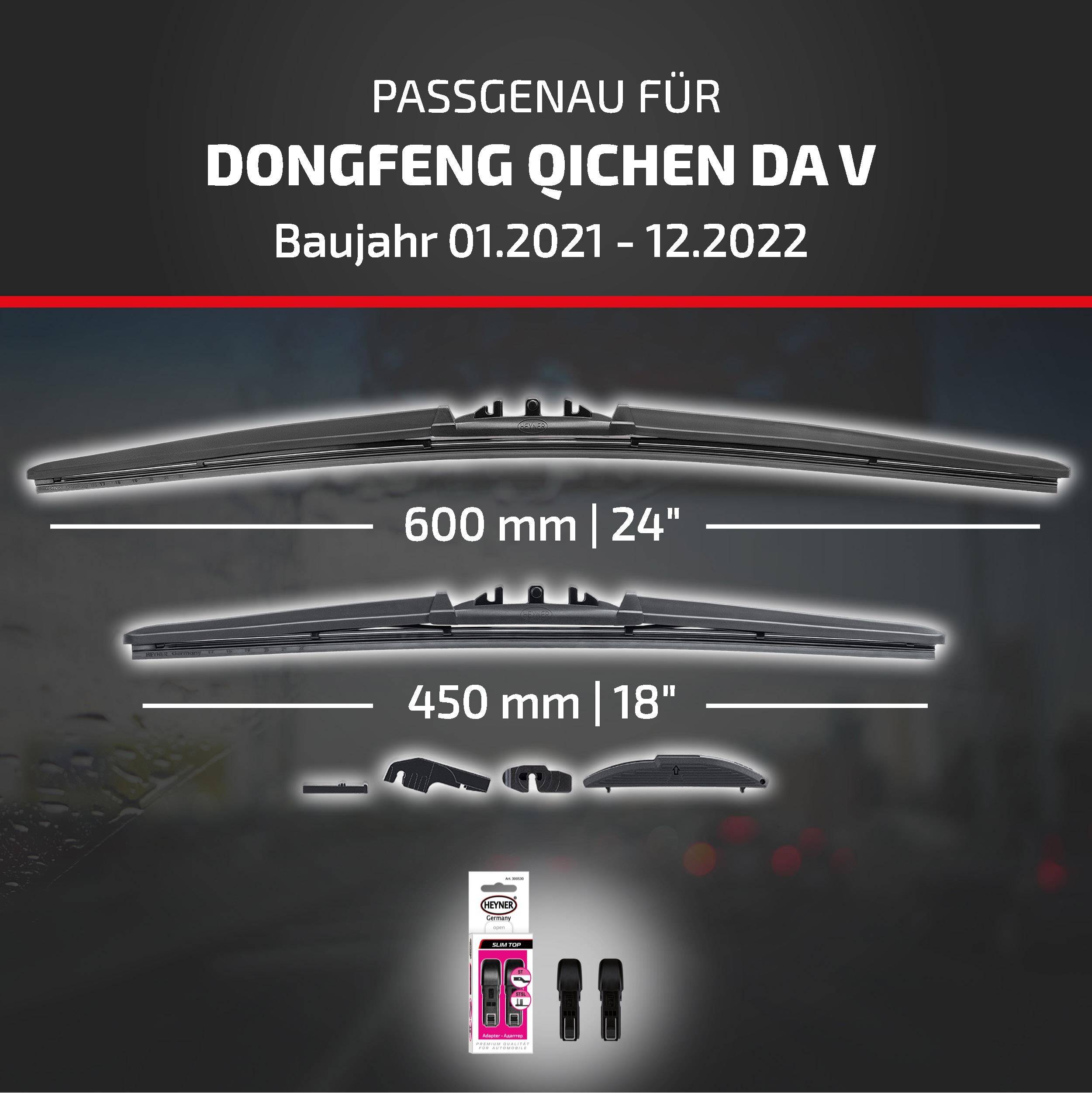 Kompatibilitätsgrafik für Dongfeng Qichen Da V (Modelljahre 01/2021-12/2022), mit Scheibenwischerblatt-Größen: 600 mm/24 Zoll und 450 mm/18 Zoll, mit enthaltenen Adapterstücken.