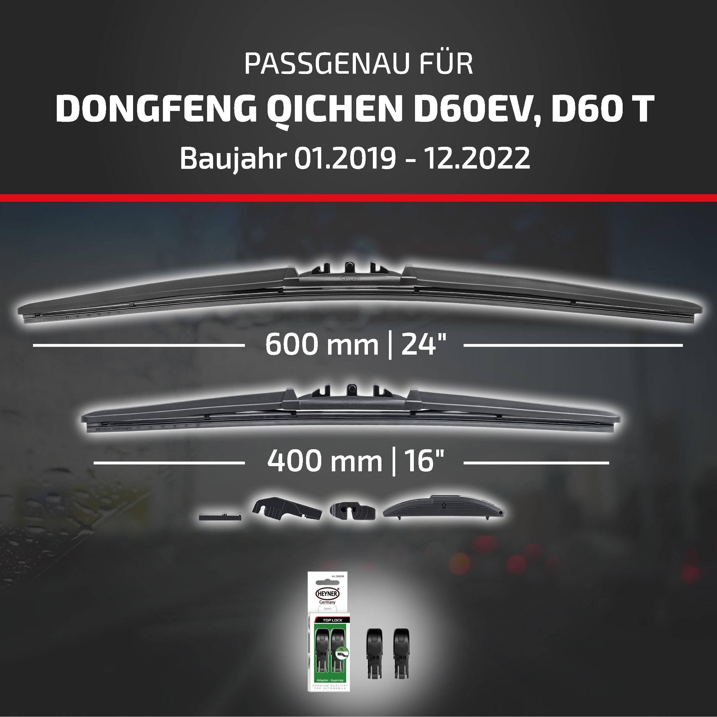 Kompatibilitätsgrafik für Dongfeng Qichen D60EV und D60 T (01.2019-12.2022) mit Scheibenwischergrössen: 600 mm/24