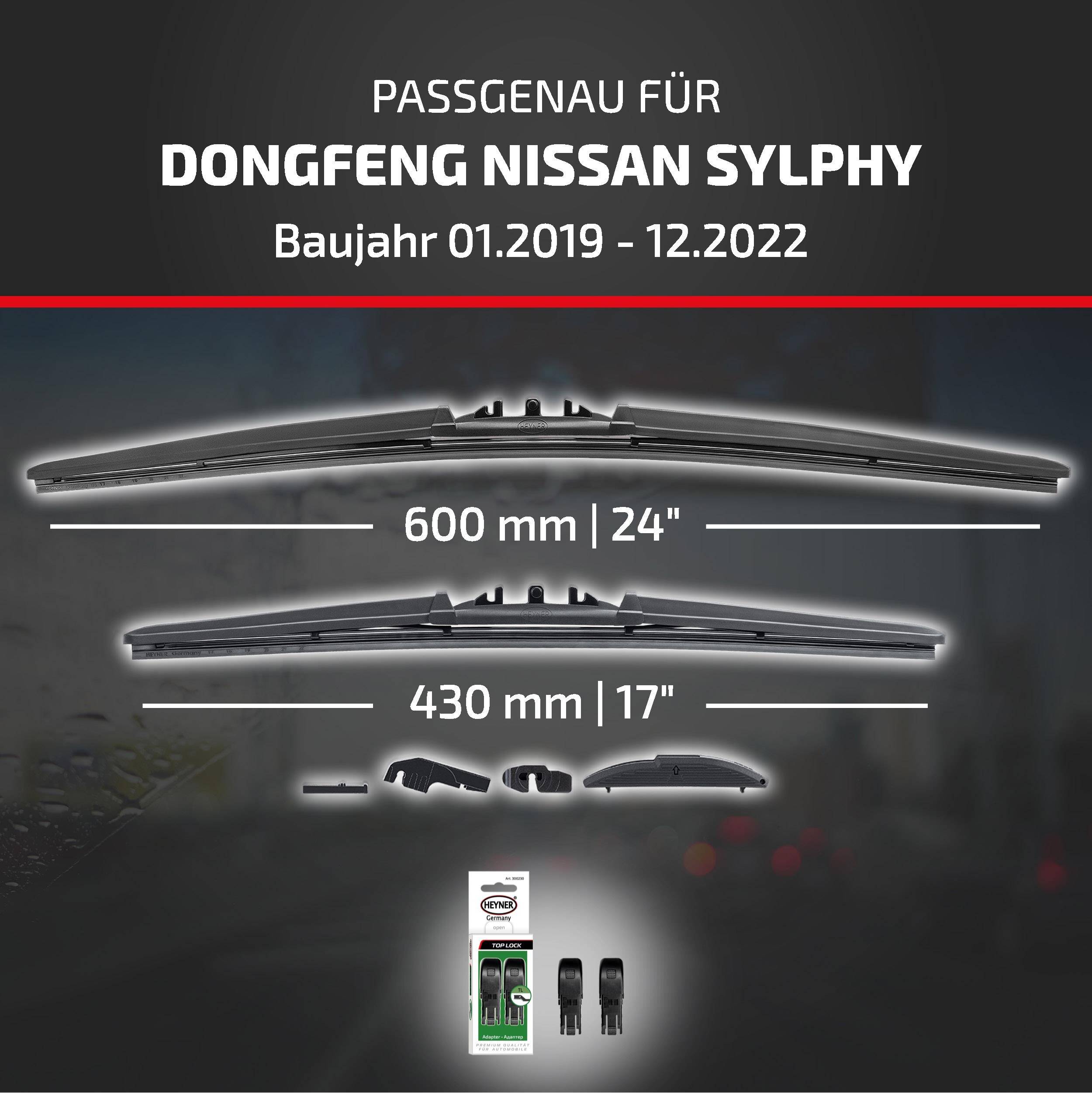 Produktgrafik mit Scheibenwischblättern kompatibel mit Dongfeng Nissan Sylphy, Modelljahre 01.2019-12.2022, mit Größen 600 mm (24