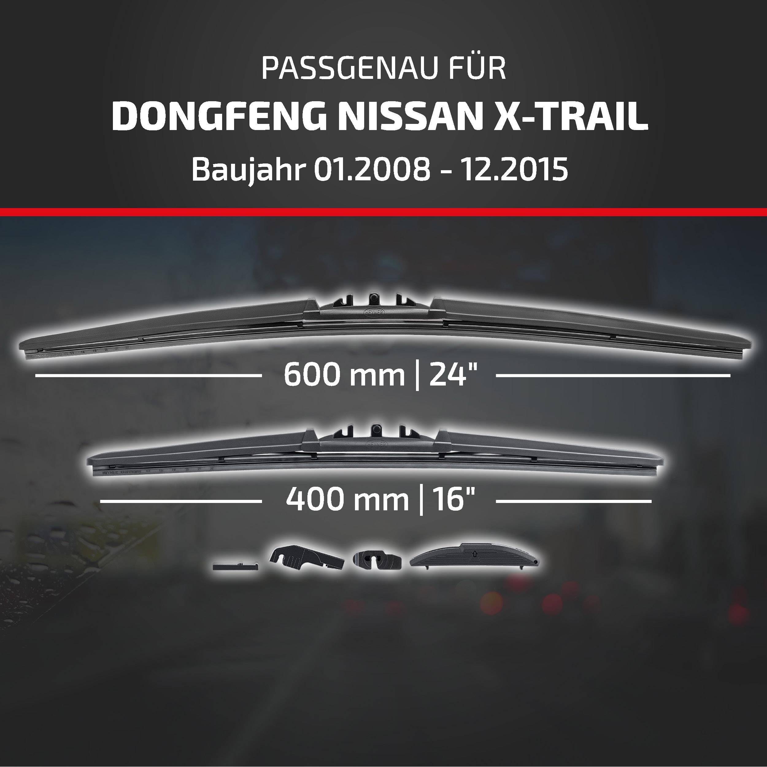 Kompatibilitätsgrafik für Dongfeng Nissan X-Trail, Modelljahre 01.2008-12.2015, zeigt Wischergröße: 600 mm (24) vorne und 400 mm (16) hinten.