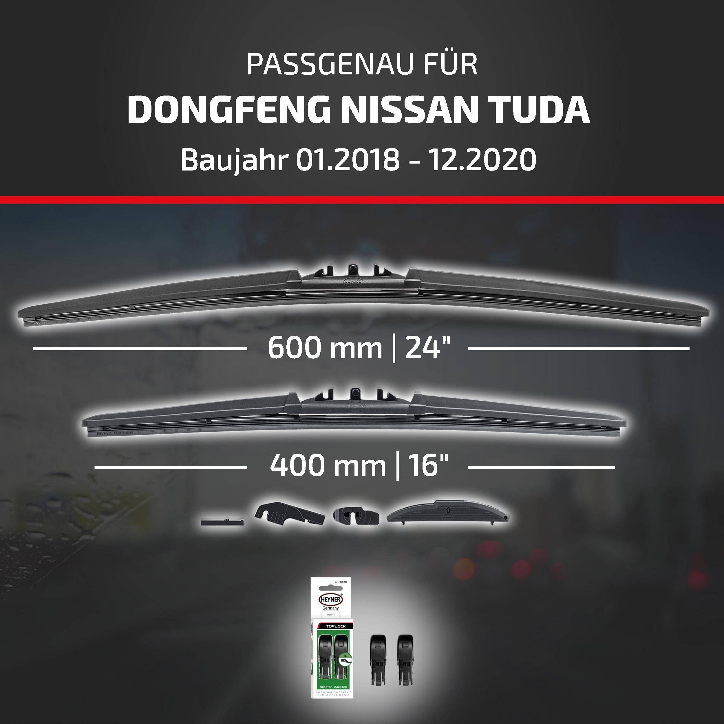 Kompatibilitätsgrafik für Dongfeng Nissan Tuda, Modelljahre 01.2018-12.2020, zeigt Scheibenwischergrößen 600 mm (24