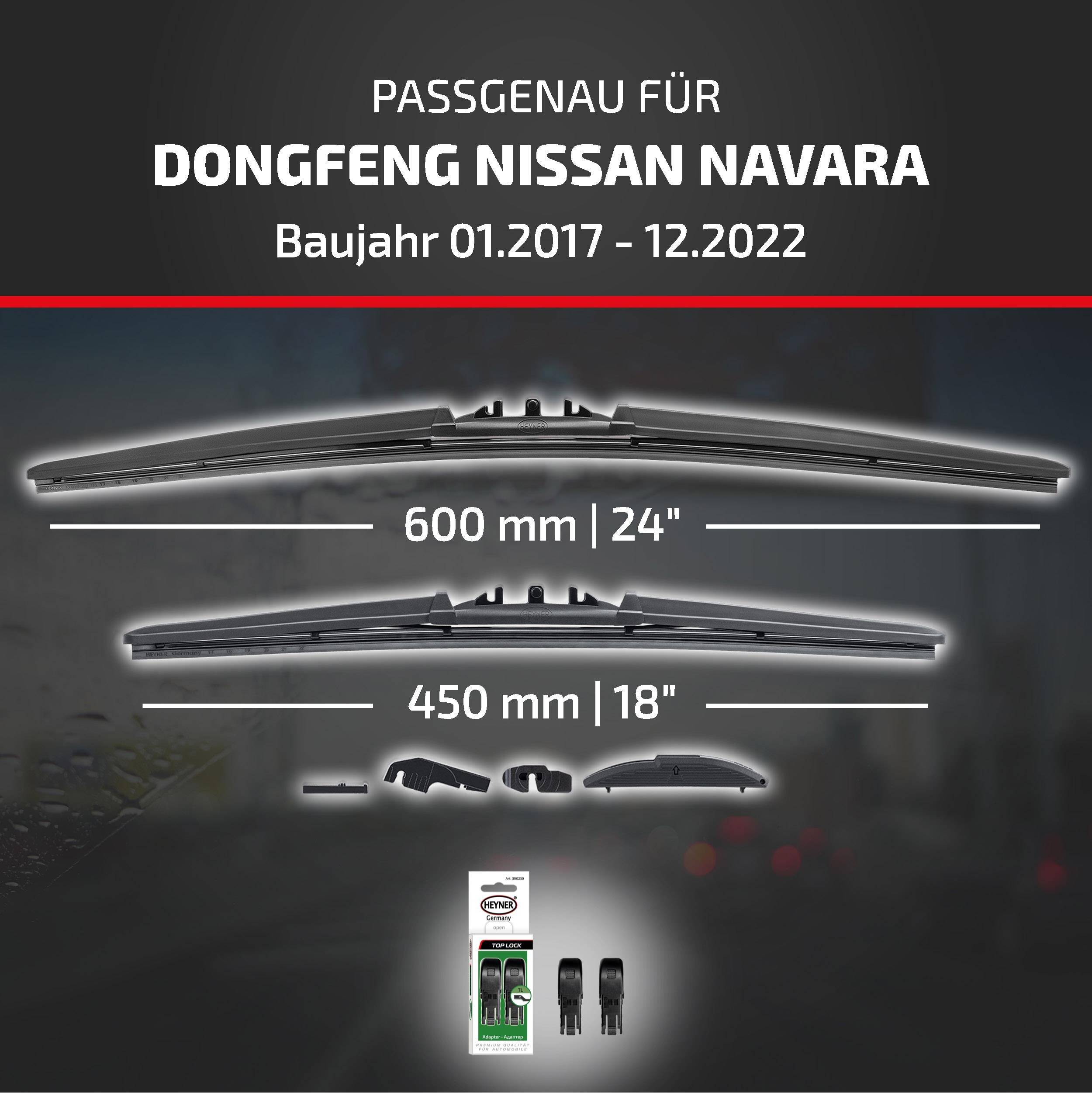 Kompatibilitätsgrafik für Dongfeng Nissan Navara (Modelljahre 01.2017-12.2022), zeigt Wischblattkgrößen 600 mm/24