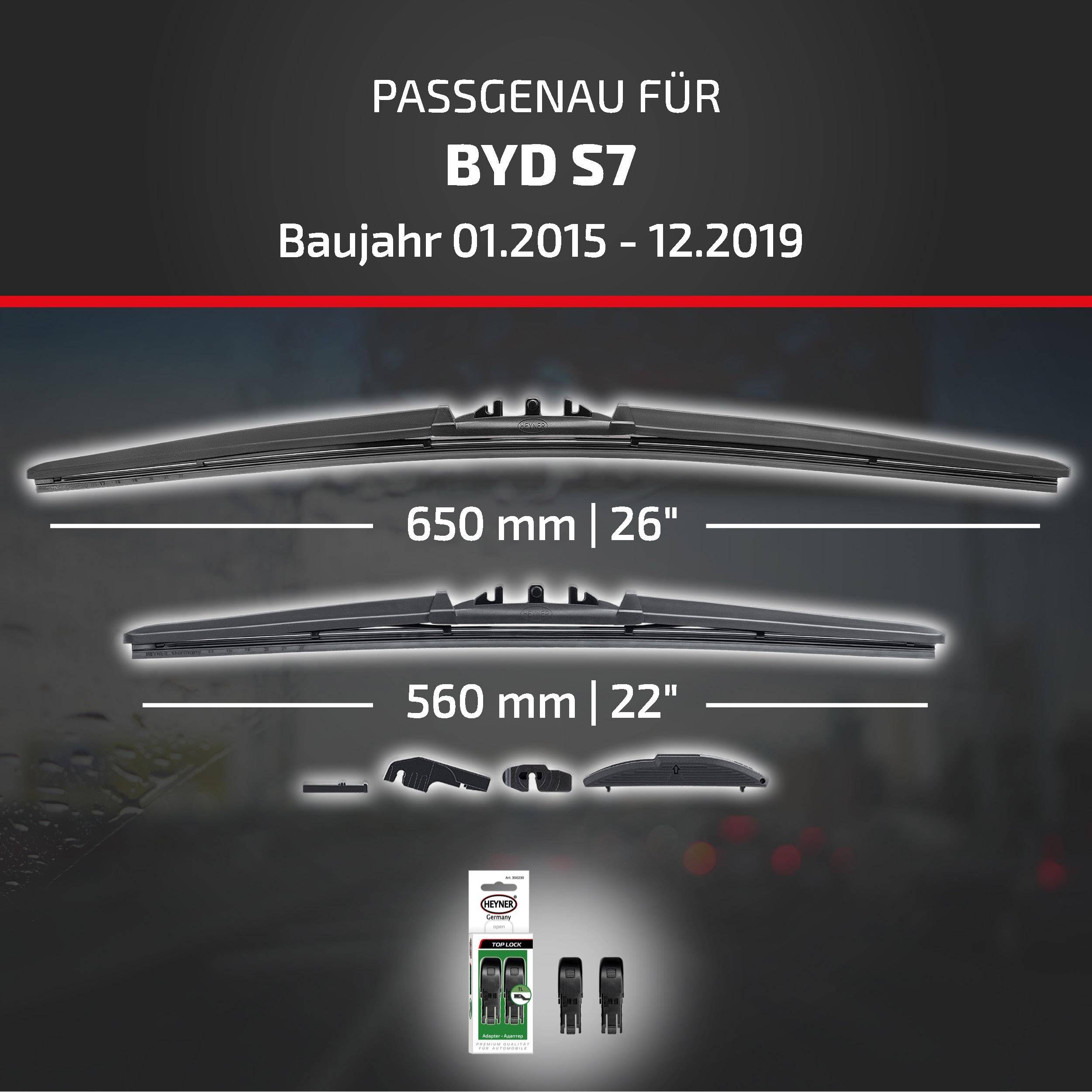 Produktgrafik mit Scheibenwischern kompatibel mit BYD S7, Modelljahre 01.2015-12.2019; Größen 650 mm/26