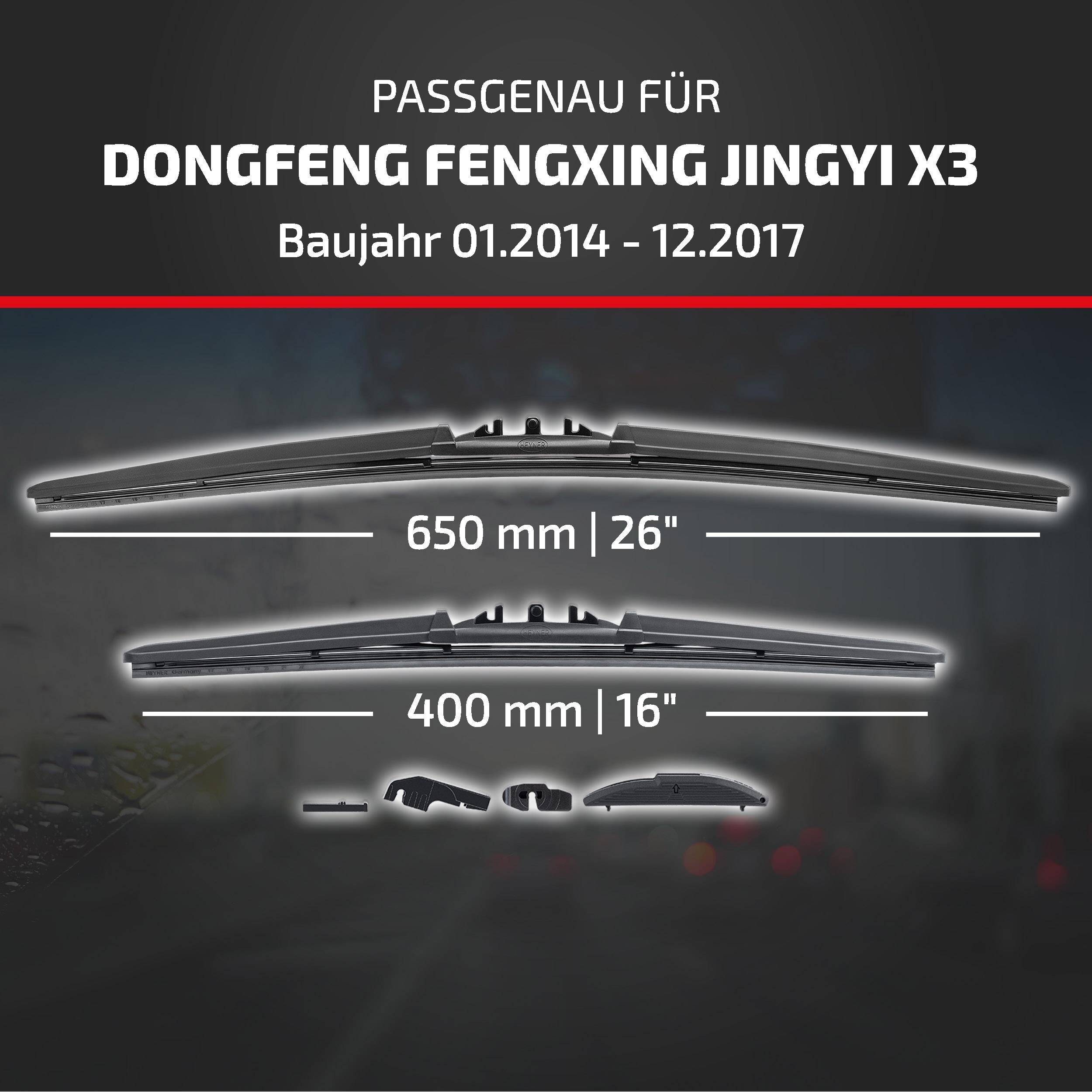 Kompatibilitätsdiagramm für Dongfeng Fengxing Jingyi X3 (Modelljahre 01.2014-12.2017), das zwei Wischergröße zeigt: 650 mm (26