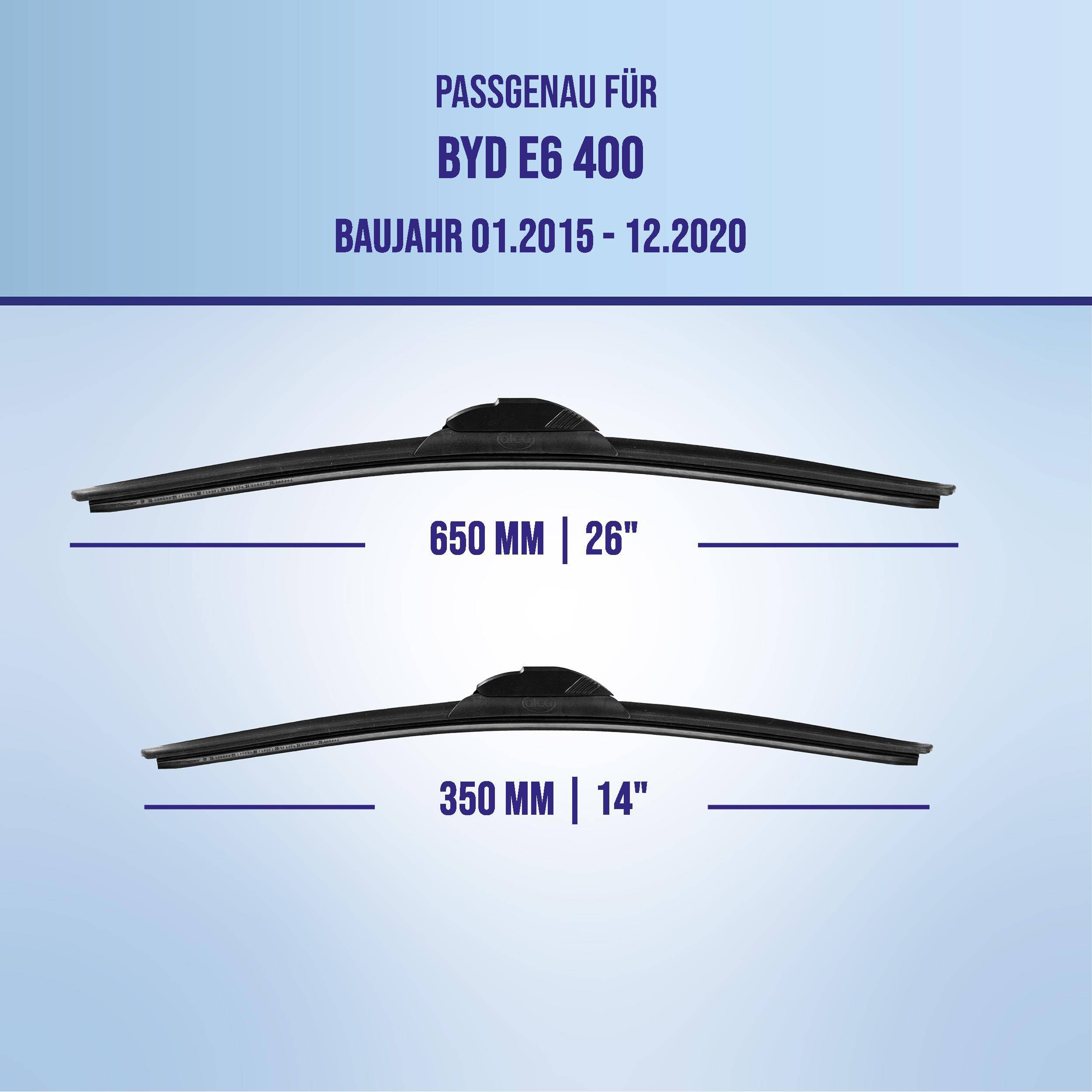 Kompatibilitätsgrafik für BYD E6 400, Modelljahre 01.2015-12.2020, mit Wischblattkalibrierungen in den Größen 650 mm (26