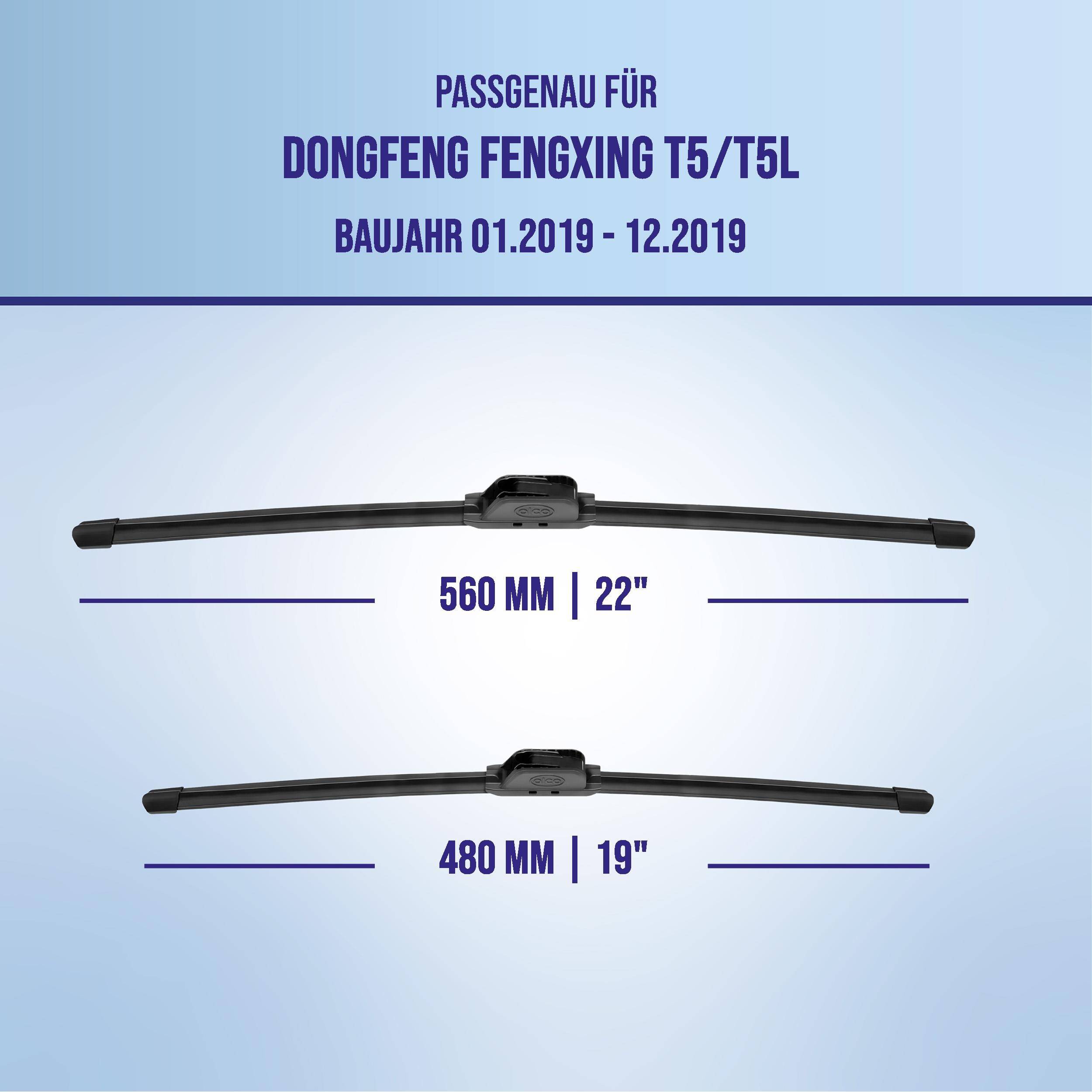 Grafik zur Scheibenwischer-Montage für Dongfeng Fengxing T5/T5L, Modelljahre 01.2019-12.2019, mit Größen 560 mm (22