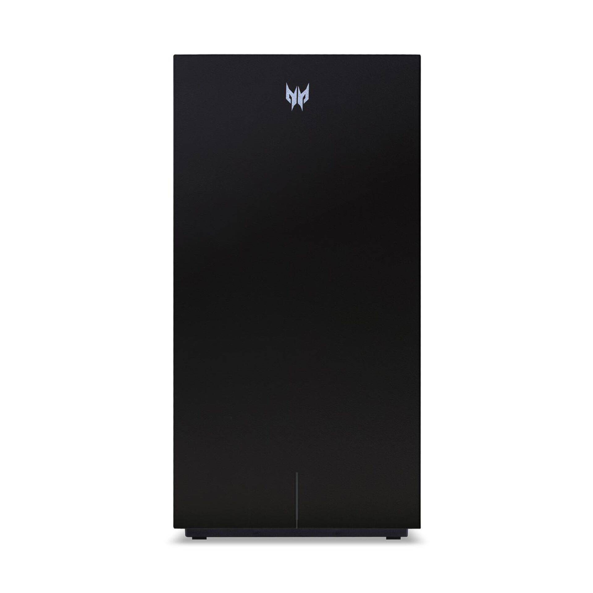 Frontansicht eines hohen schwarzen Acer Predator Desktop-Towers mit einem kleinen silbernen Predator-Logo oben.
