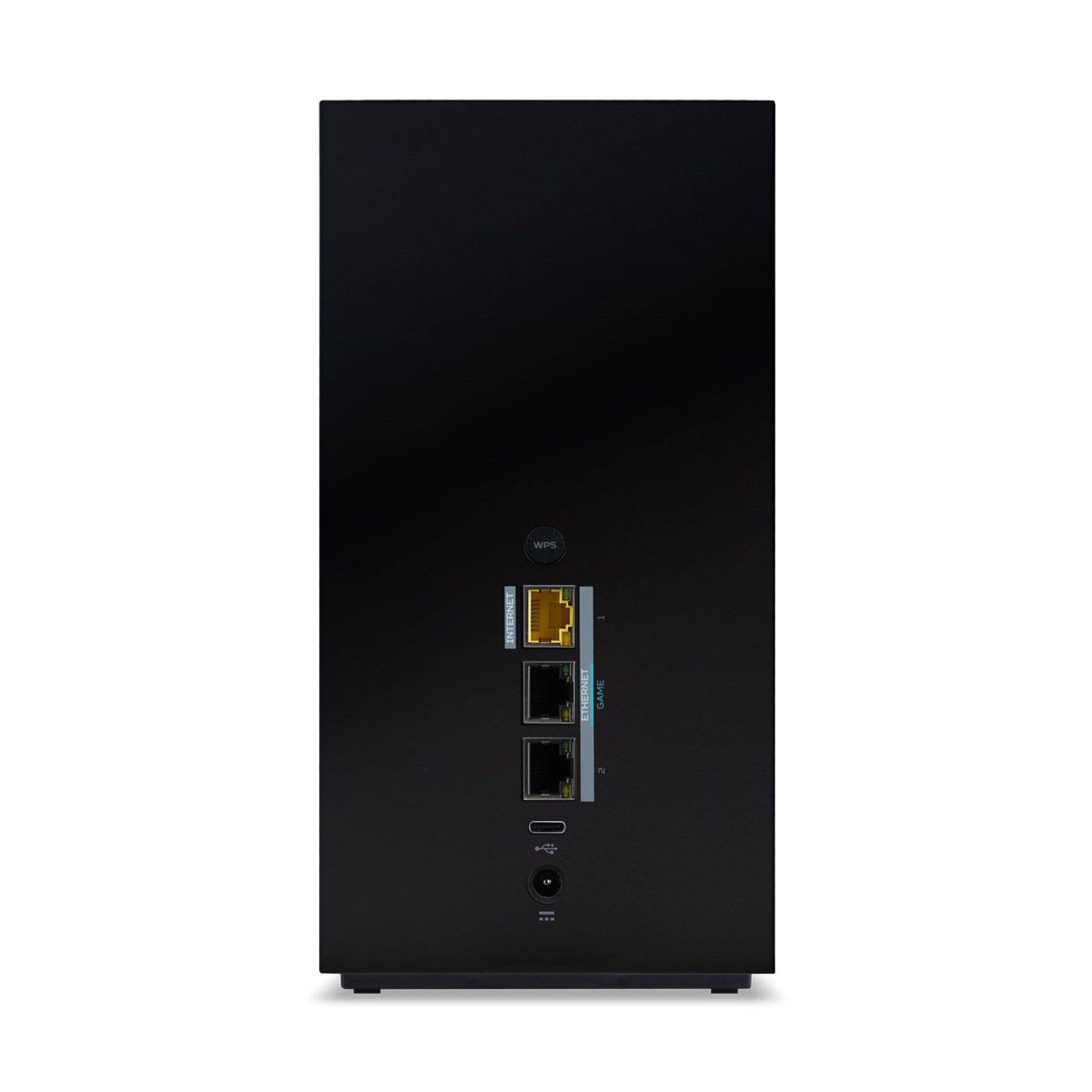 Vorderansicht eines schwarzen Desktop-Computergehäuses mit mehreren vorderen Anschlüssen und Anzeigelichtern, die sich in der Nähe des unteren Bereichs der Mitte befinden.