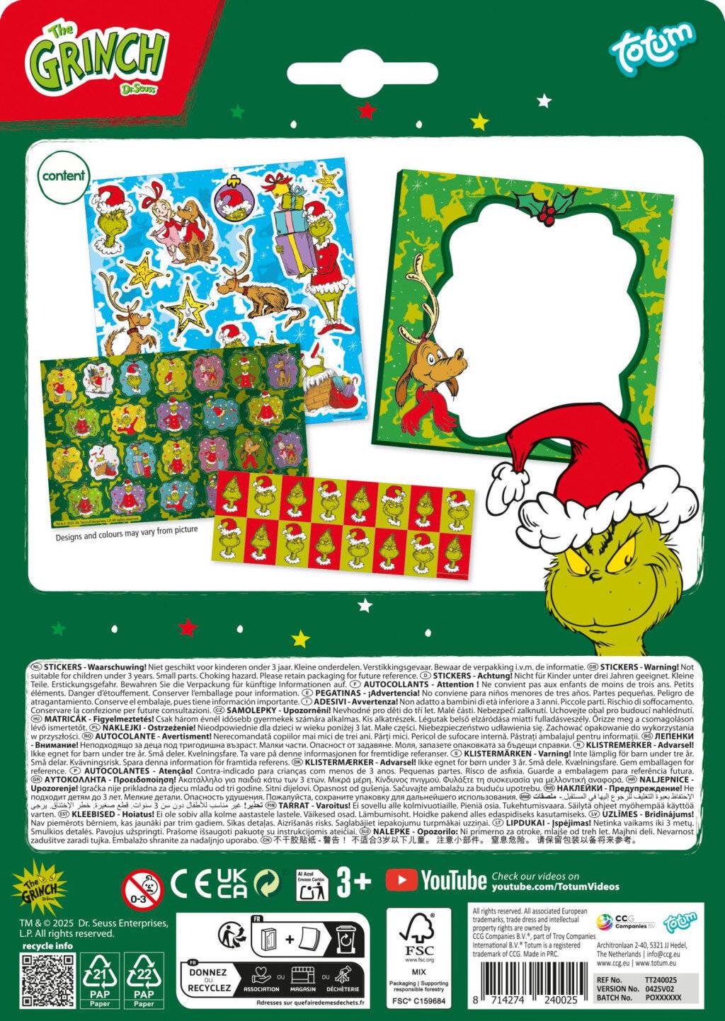 Das Grinch-Sticker-Set mit drei Sticker-Blättern, einschließlich farbenfroher Charakter- und Weihnachtsdesigns und einem leeren rahmenlosen Sticker zum Personalisieren.