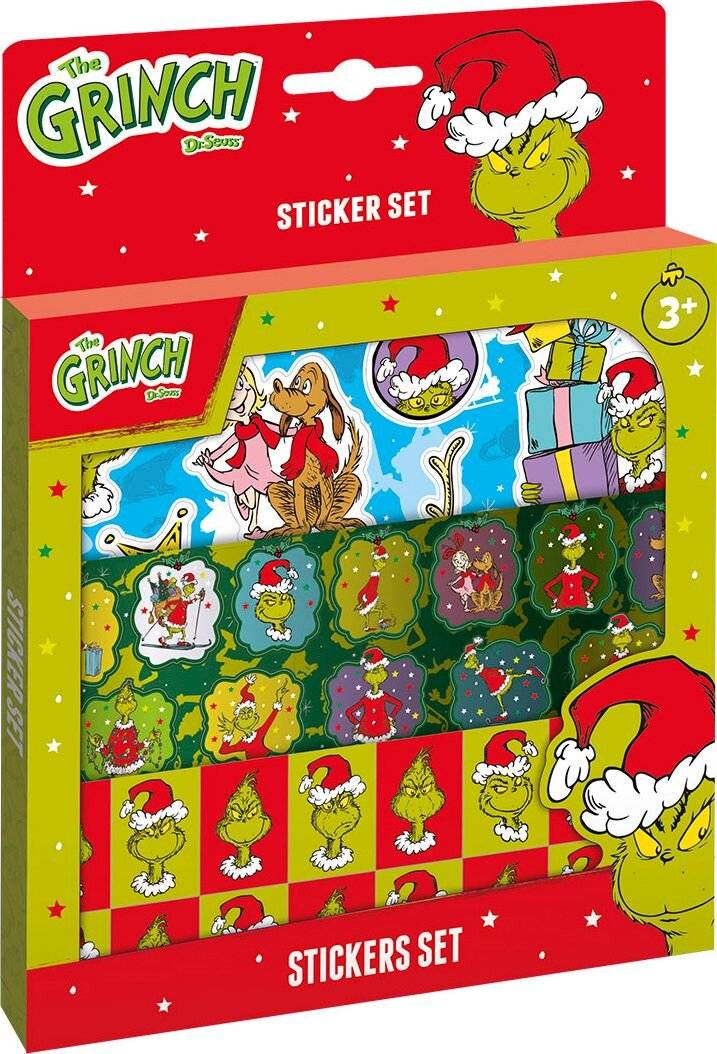 Das Grinch-Aufkleber-Set-Paket mit mehreren bunten Charakter-Aufklebern, gekennzeichnet für Alter 3+.