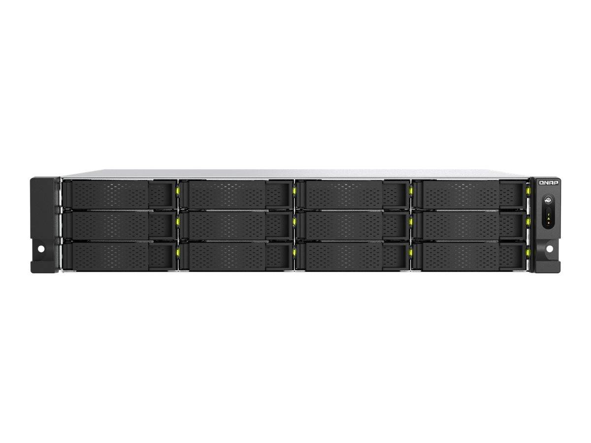 Vorderansicht eines in ein Gestell eingebauten schwarzen Speicherservers mit mehreren Hot-Swap-Laufwerkschächten und Statusleuchten.