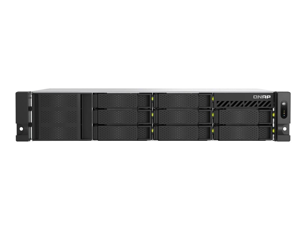 Vorderansicht eines schwarzen QNAP-Rackmount-Speicherservers mit mehreren Hot-Swap-Laufwerkschächten und Statusleuchten auf weißem Hintergrund.