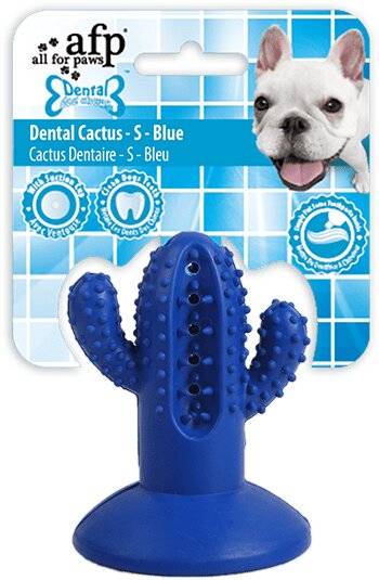 Blaues kaktusförmiges Hundekausspielzeug von AFP All for Paws, auf der Verpackung mit einem Foto eines kleinen weißen Hundes und dem Text „Dental Cactus - S - Blue