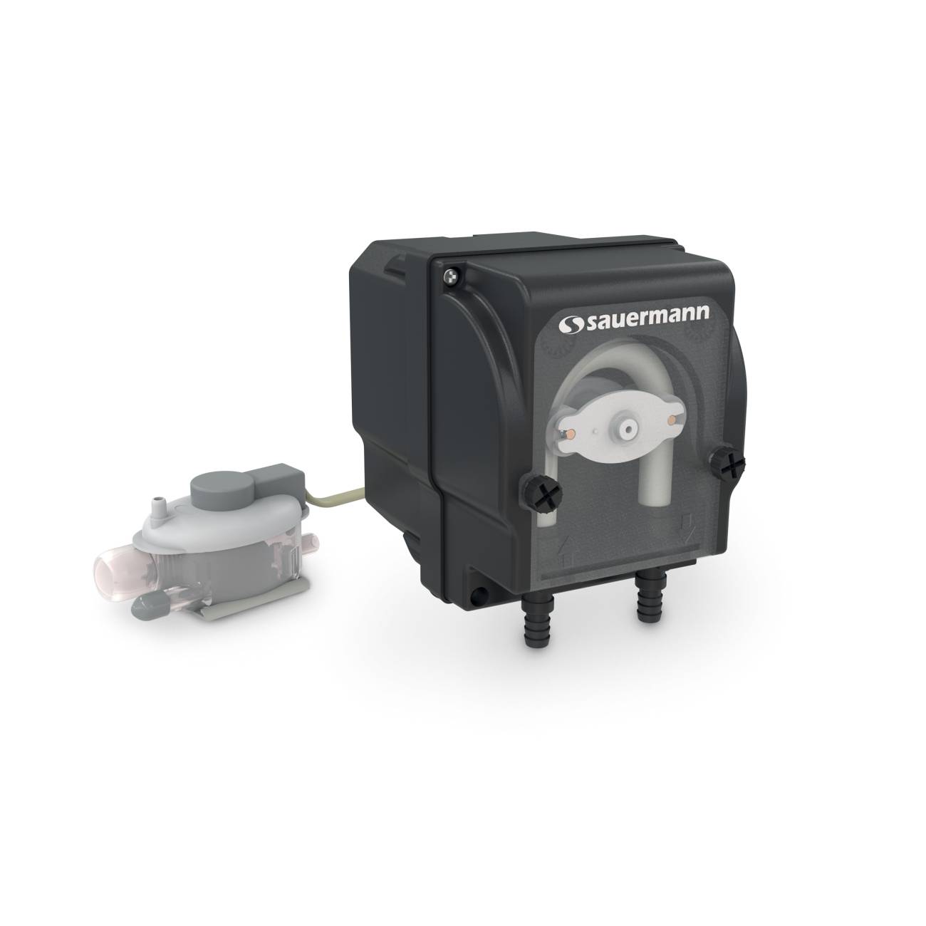 Saumermann-Peristaltikpumpensystem mit schwarzem Pumpengehäuse und angebrachter kleiner weißer Zubehöreinheit auf einfachem schwarzem Hintergrund.