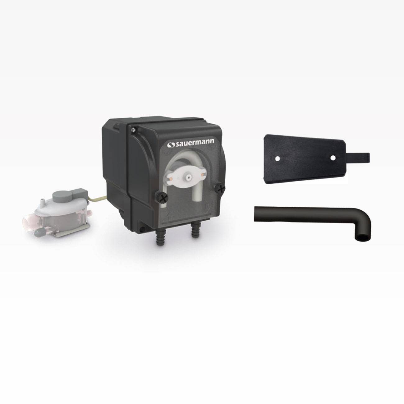 Saurmann-Pumpenanlage mit schwarzer Steuereinheit, angebautem Kleinmotor, Wandmontageklammer und L-förmigem Rohranschluss auf weißem Hintergrund.