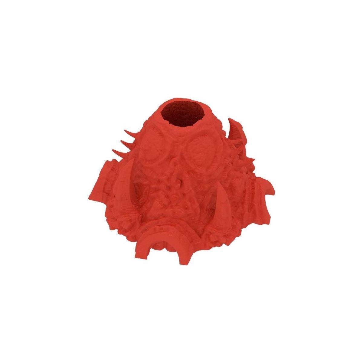 Rote 3D-gedruckte Kreaturenmaske oder Helmschale mit offener Oberseite, gezeigt auf weißem Hintergrund.