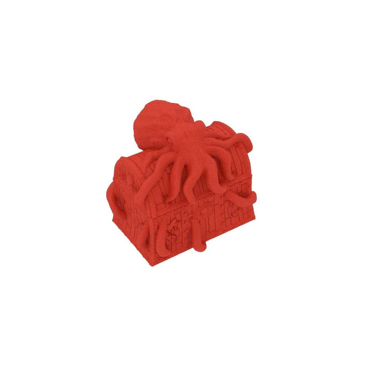 Rotes 3D-Modell eines Oktopus, der auf einer kleinen dekorativen Truhe oder Box sitzt.