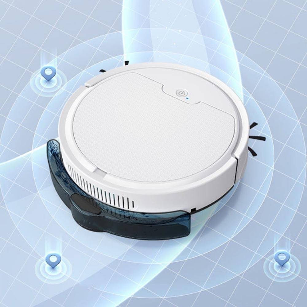 Weißer Roboterstaubsauger mit Seitenbürste und Frontsensor, auf blauem Gitterhintergrund mit Standortmarkierungen, die intelligente Navigation anzeigen.