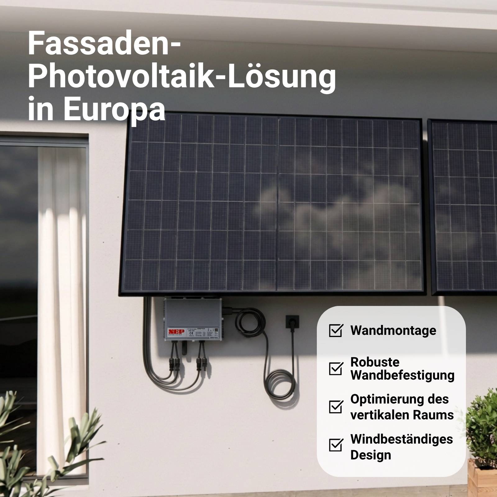 Foto einer wandmontierten Solarmodulinstallation in Europa mit deutschem Text „Fassaden-Photovoltaik-Lösung in Europa
