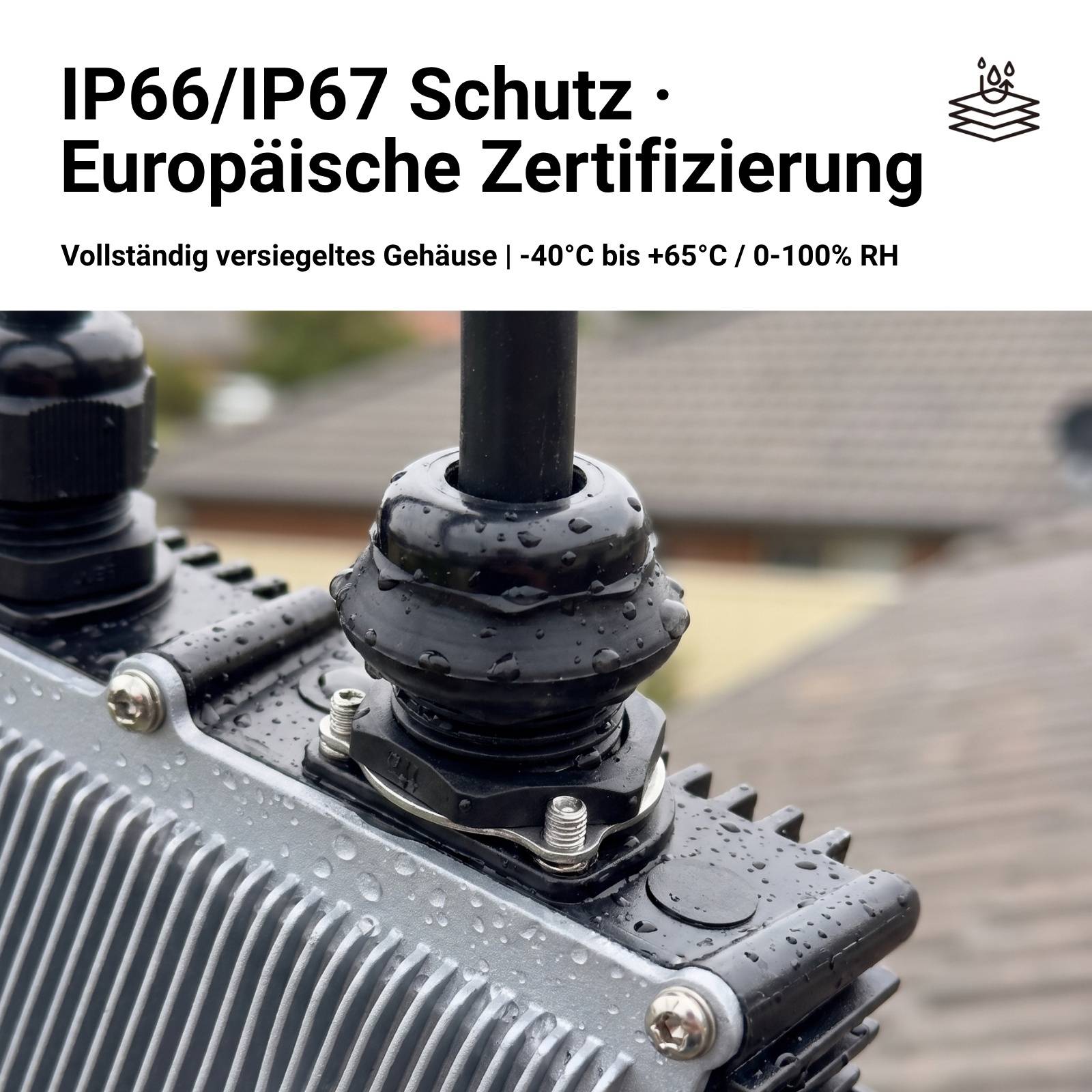 Wasserdichte elektrische Armatur mit deutschem Text „IP66/IP67 Schutz • Europäische Zertifizierung