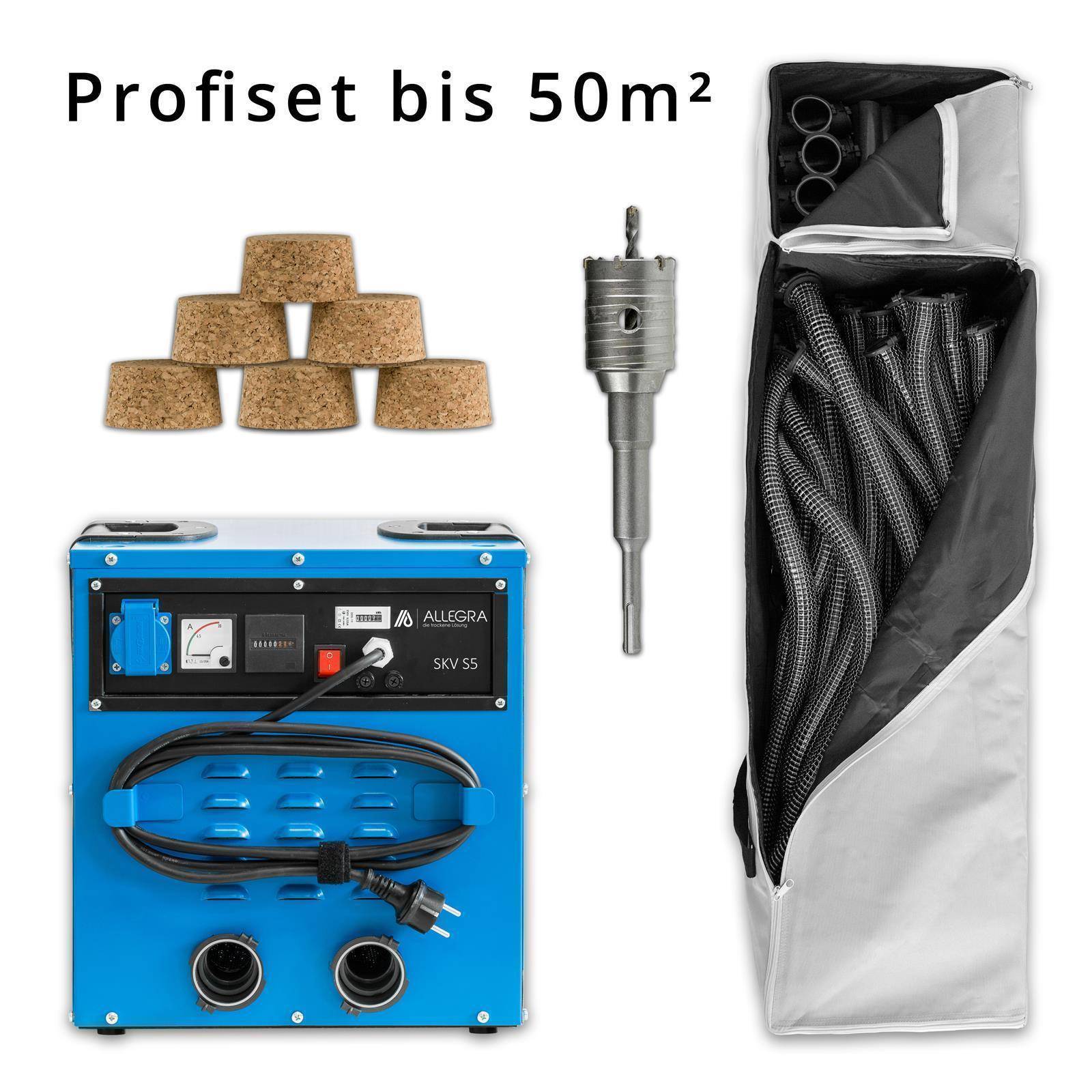 Profiset bis 50m² gezeigt mit einer blauen Steuereinheit, Metallbohrbit, Tragetasche mit schwarzen Schläuchen und fünf korkähnlichen Teilen.