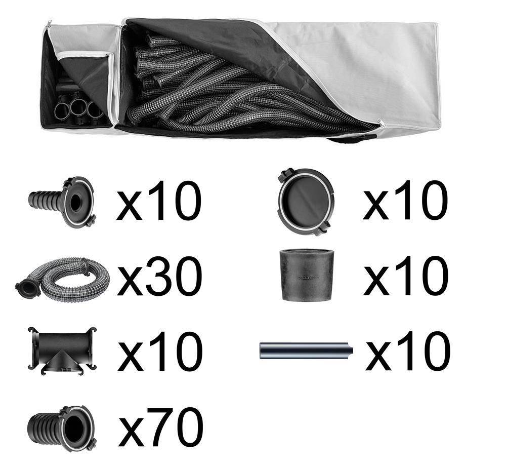 Zubehörset-Bild mit einer Aufbewahrungstasche und enthaltenen Teilen: 10 Anschlüsse, 30 Spiralschläuche, 10 Halterungen, 70 Grometts, 10 Kappen, 10 Becher und 10 Stangen.