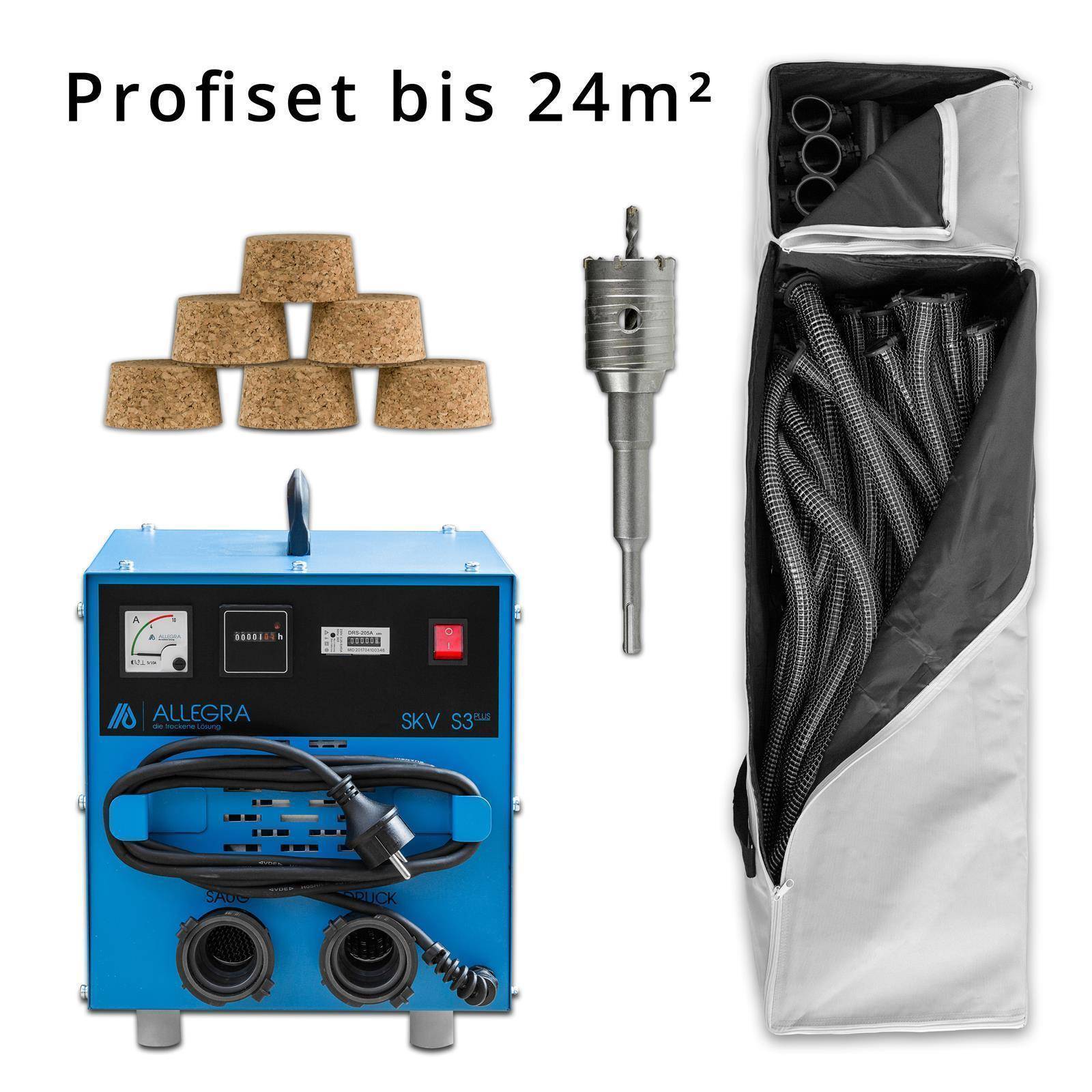 Profiset bis 24m²: Blaue Steuereinheit, Brennerdüse, Schlauch in Tragetasche und vier Korkblöcke auf weißem Hintergrund.