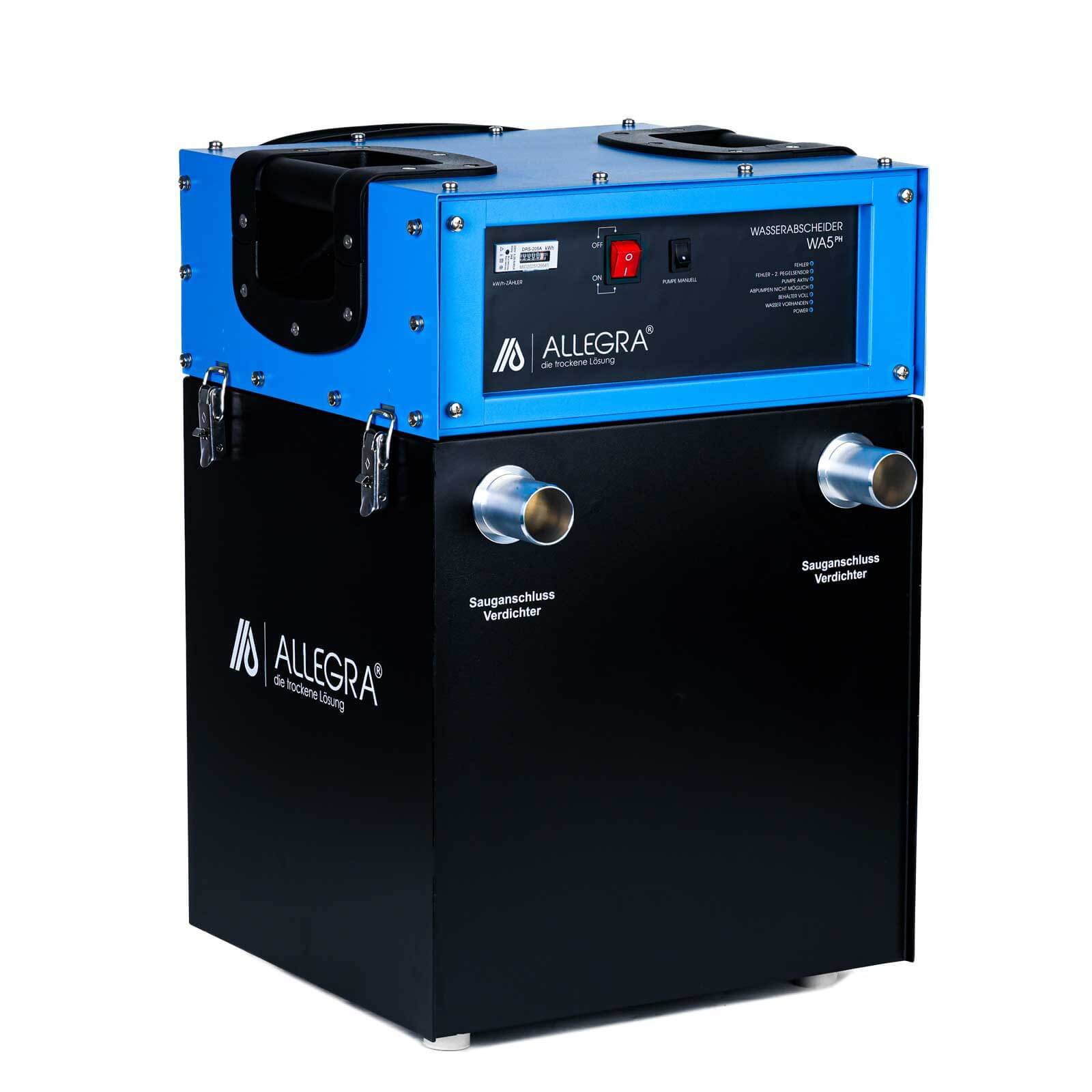 Schwarze und blaue ALLEGRA Industriemaschine mit zwei Schlauchanschlüssen und Bedienfeld, dargestellt vor weißem Hintergrund.