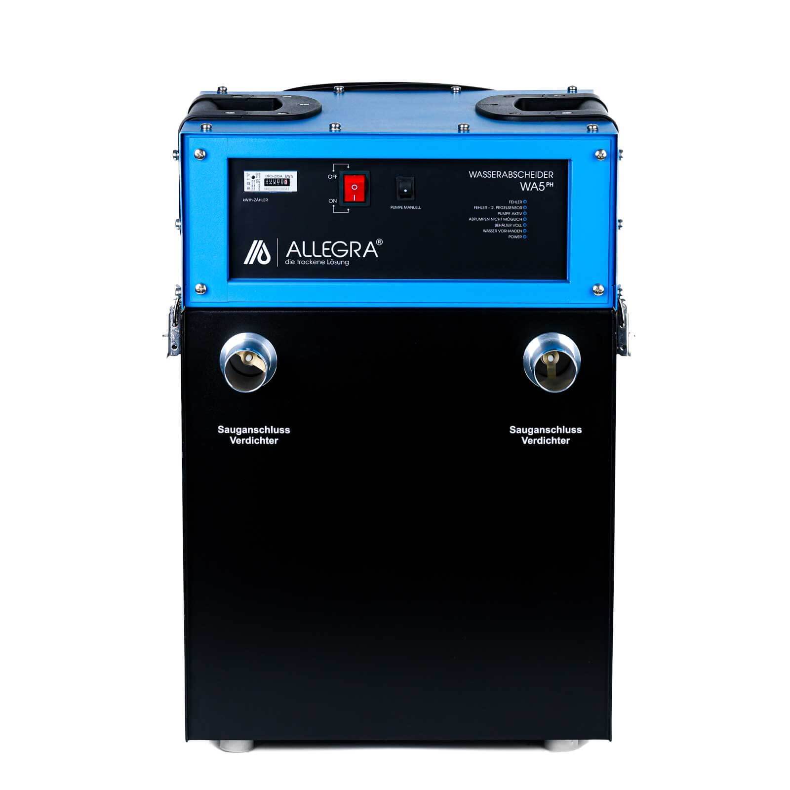 Blaue und schwarze ALLEGRA Industriemaschine mit zwei vorderen Saugöffnungen und gekennzeichnetem Bedienfeld, dargestellt vor weißem Hintergrund.