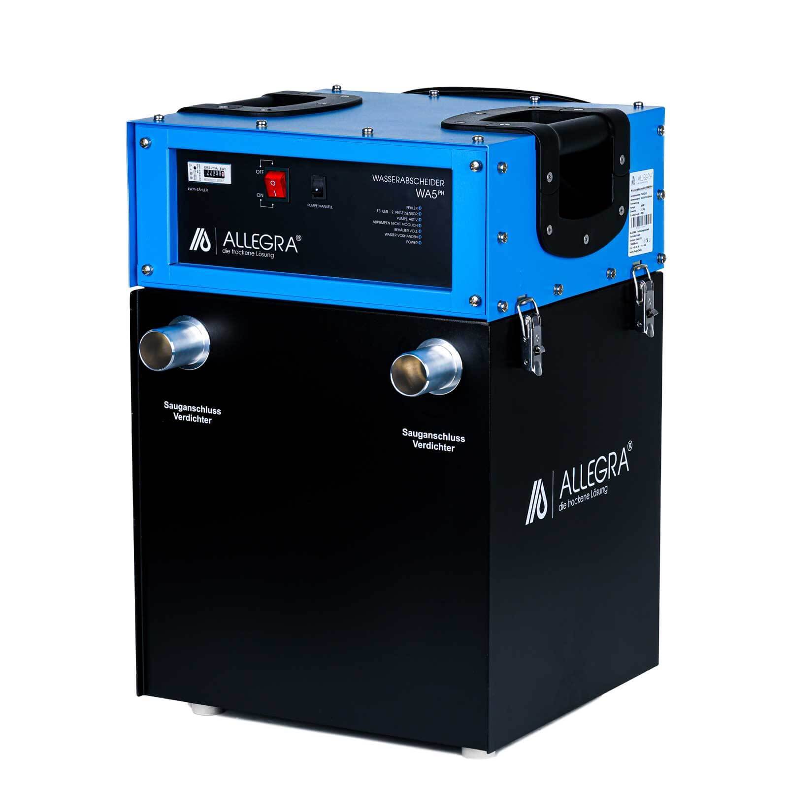 Blaue und schwarze ALLEGRA Industriemaschine mit zwei Metallrohrverbindungen, gezeigt auf weißem Hintergrund.