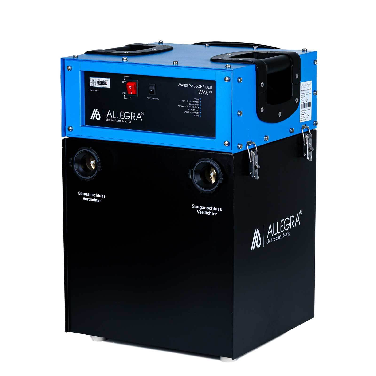 Blaue und schwarze ALLEGRA Industriemaschine mit zwei runden Anschlussöffnungen für Schläuche und Bedienfeld, dargestellt auf weißem Hintergrund.